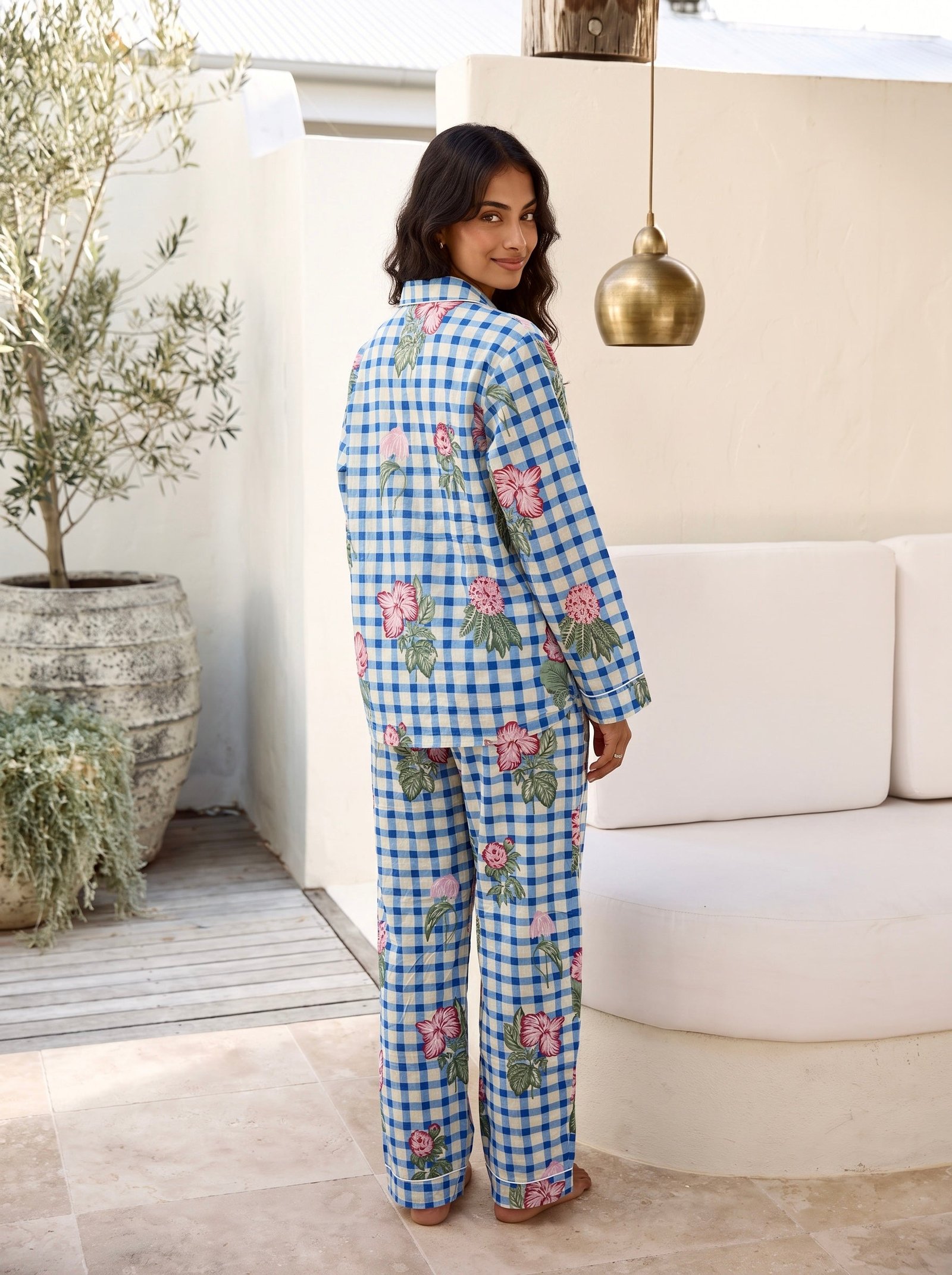Blue Floral Gingham Pajama Set