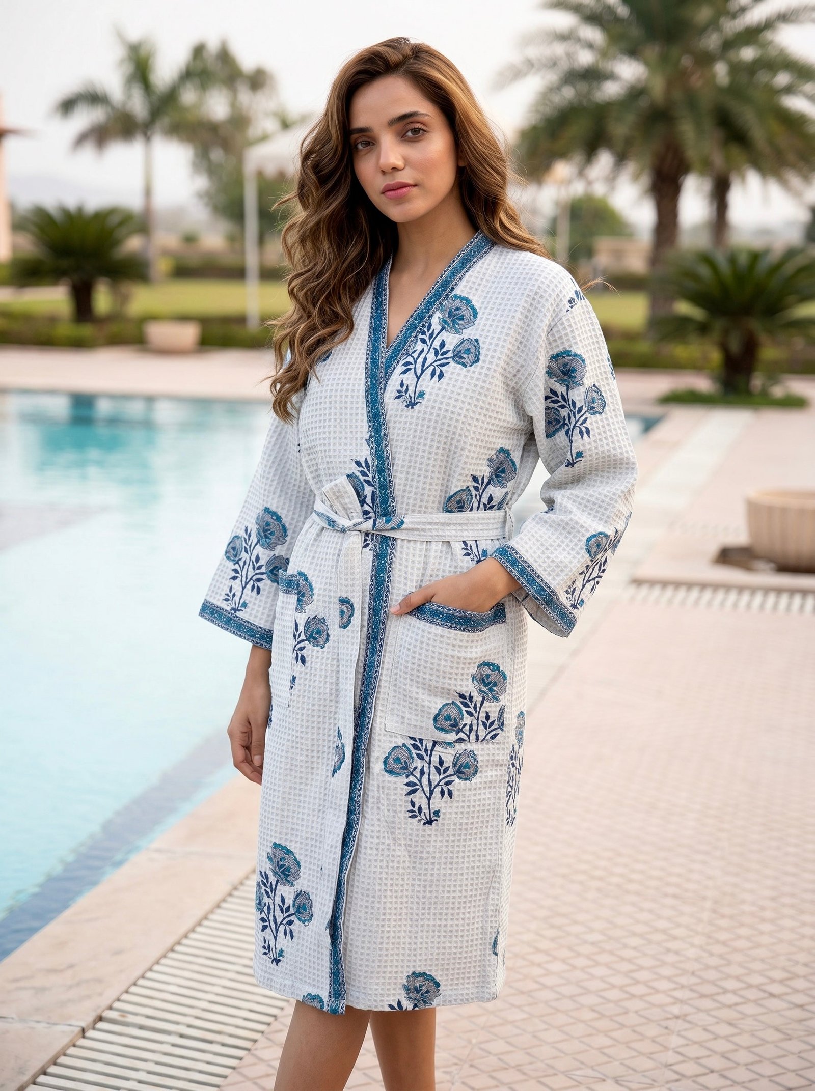 Grey Blossom Cotton Waffle Bathrobe