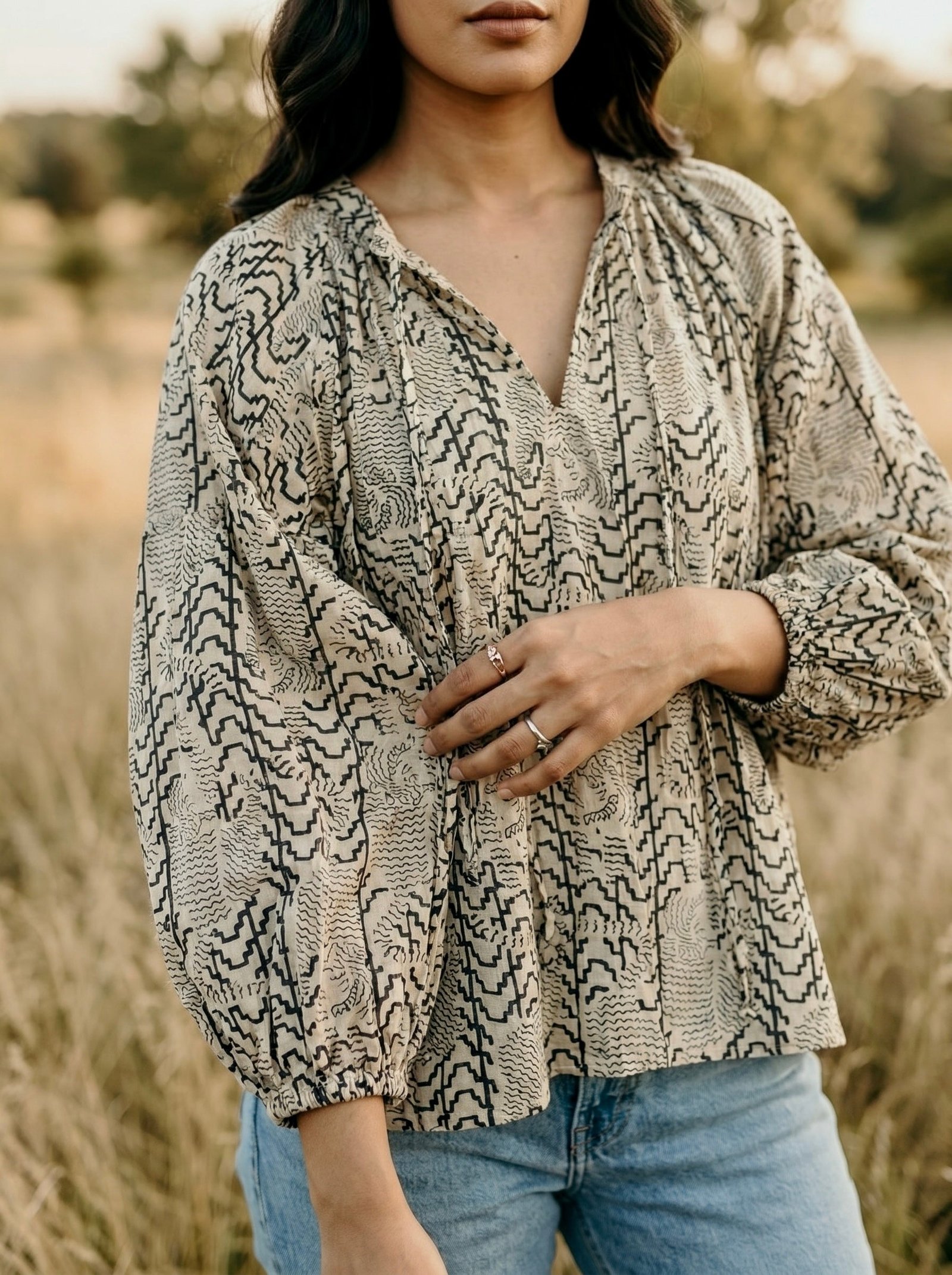 Sand Tribal Print Cotton Blouse