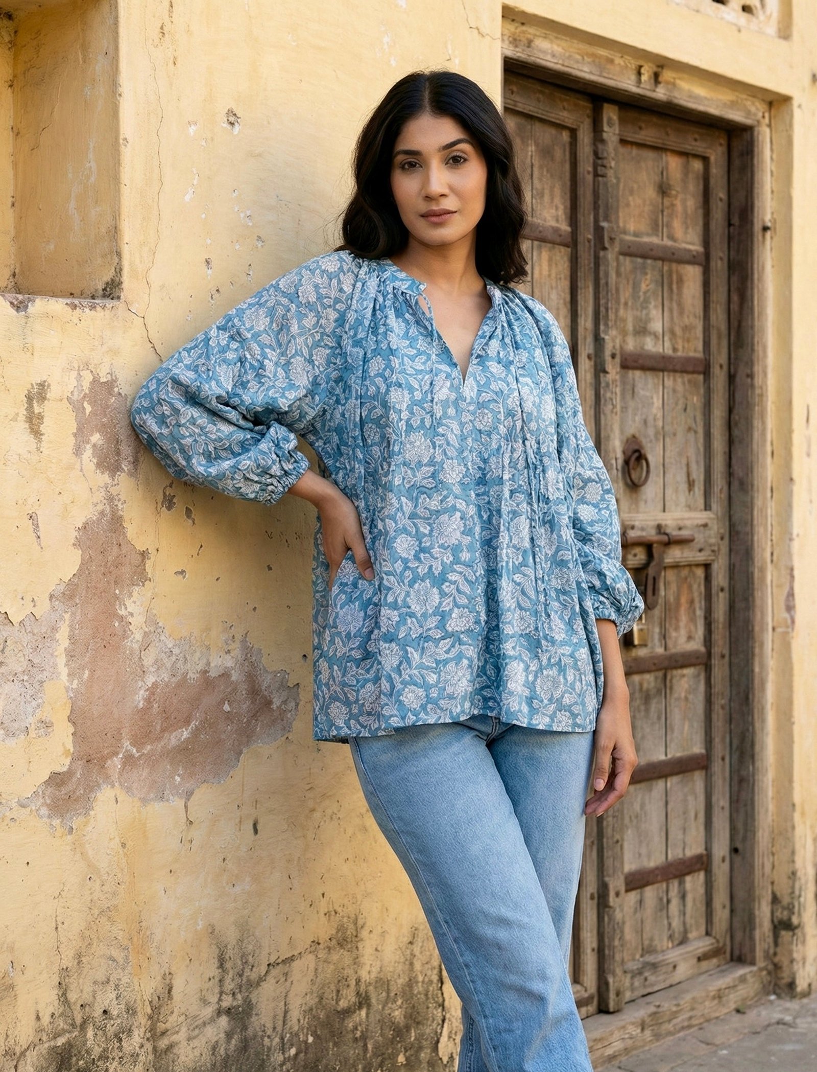 Blue Floral Printed Cotton V-Neck Top with Balloon Sleeves