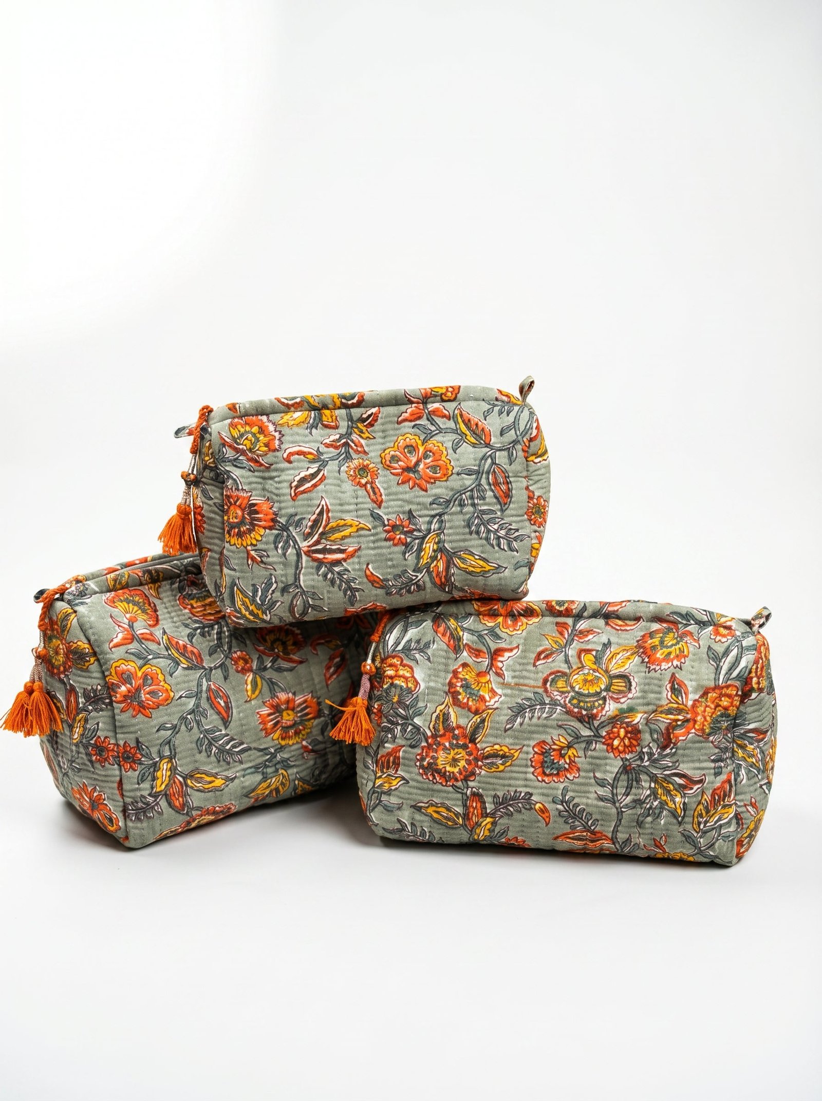 Earthy Olive Floral Quilted Pouch Set (Set of 3)