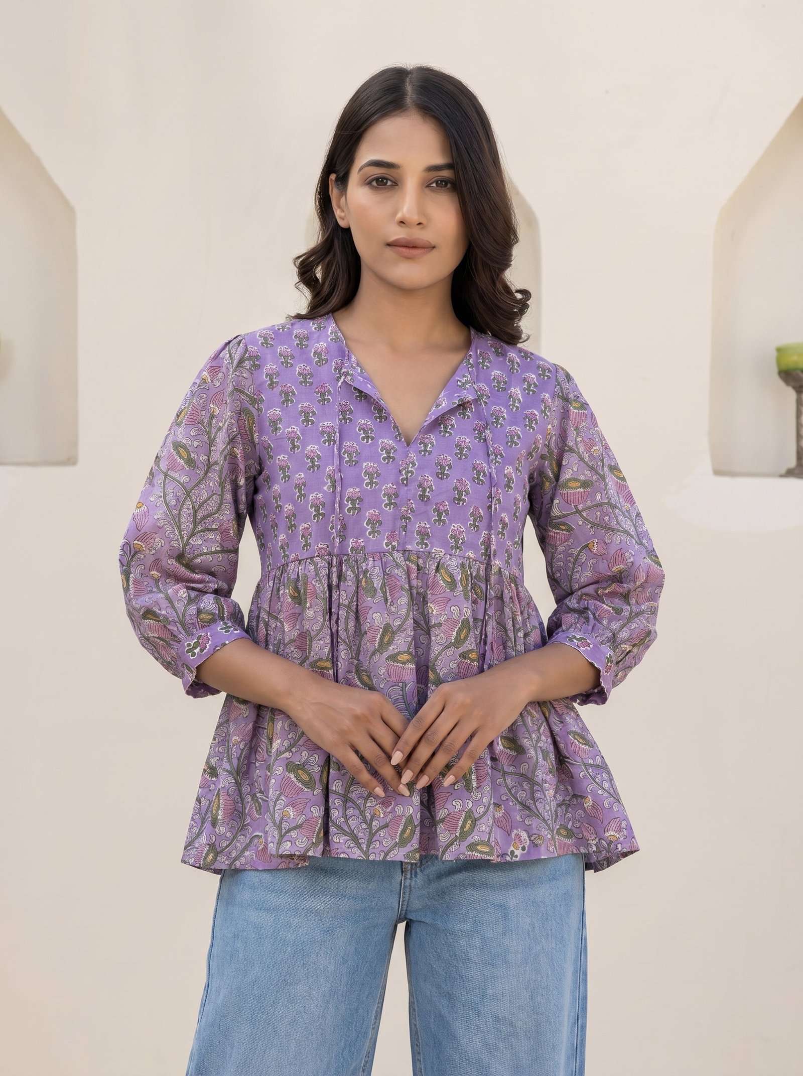 Purple Ethnic Floral Peplum Top