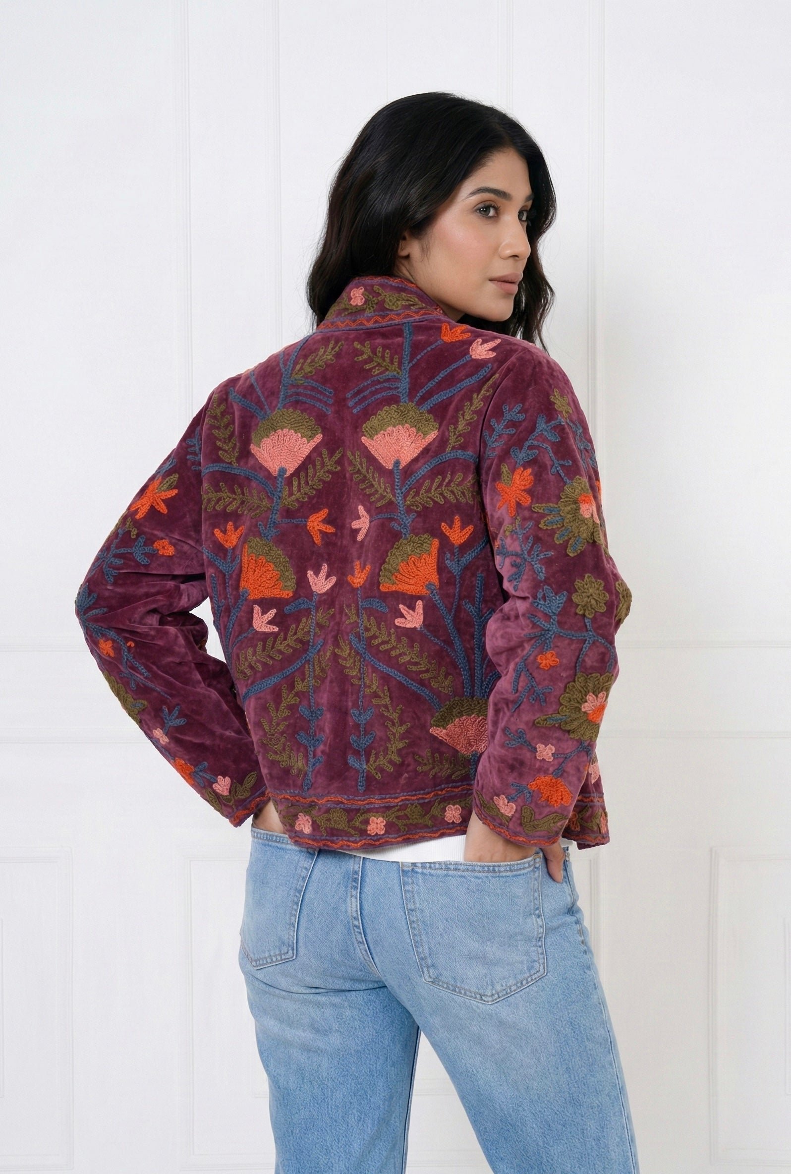 Burgundy Bloom Embroidered Velvet Jacket