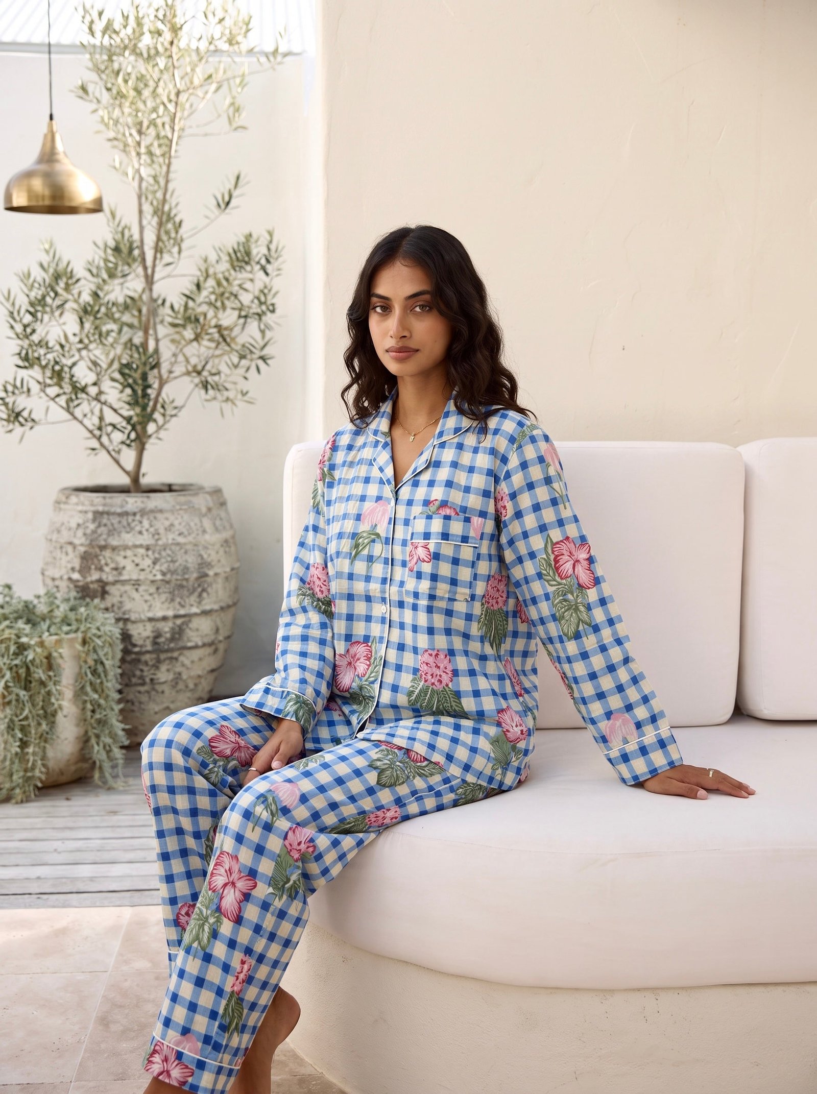 Blue Floral Gingham Pajama Set
