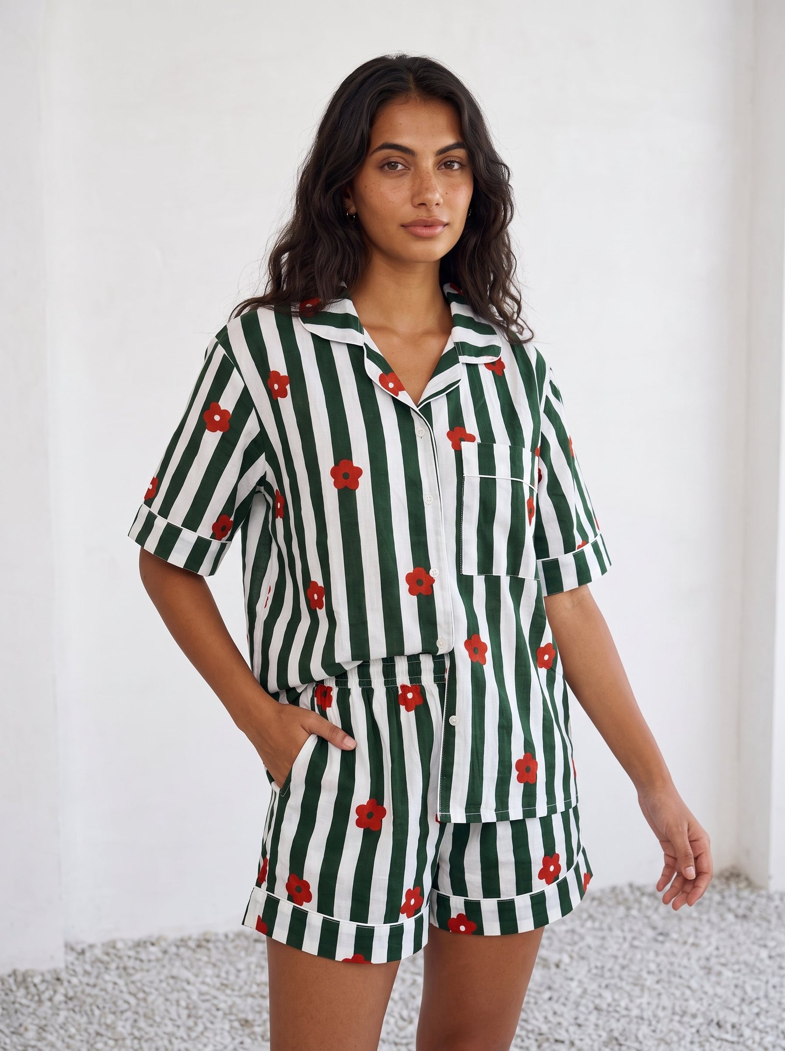 Green Flower Stripe Pajama Set