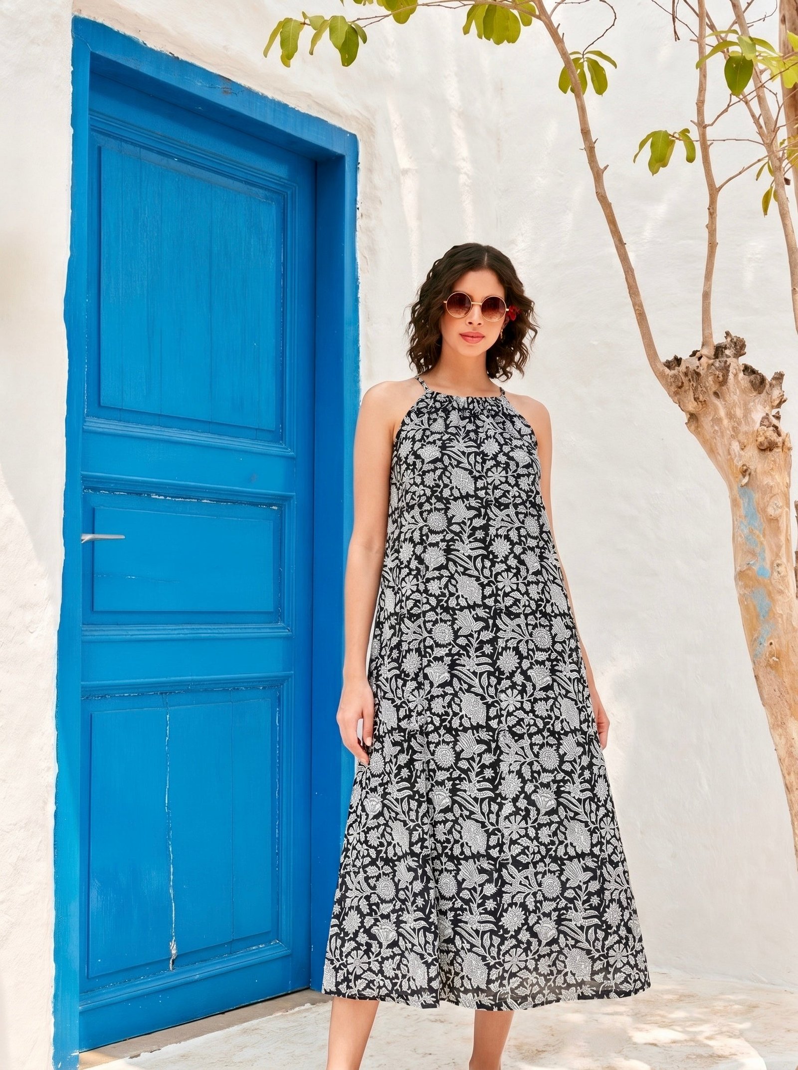 Midnight Bloom Cotton Halter Maxi Dress
