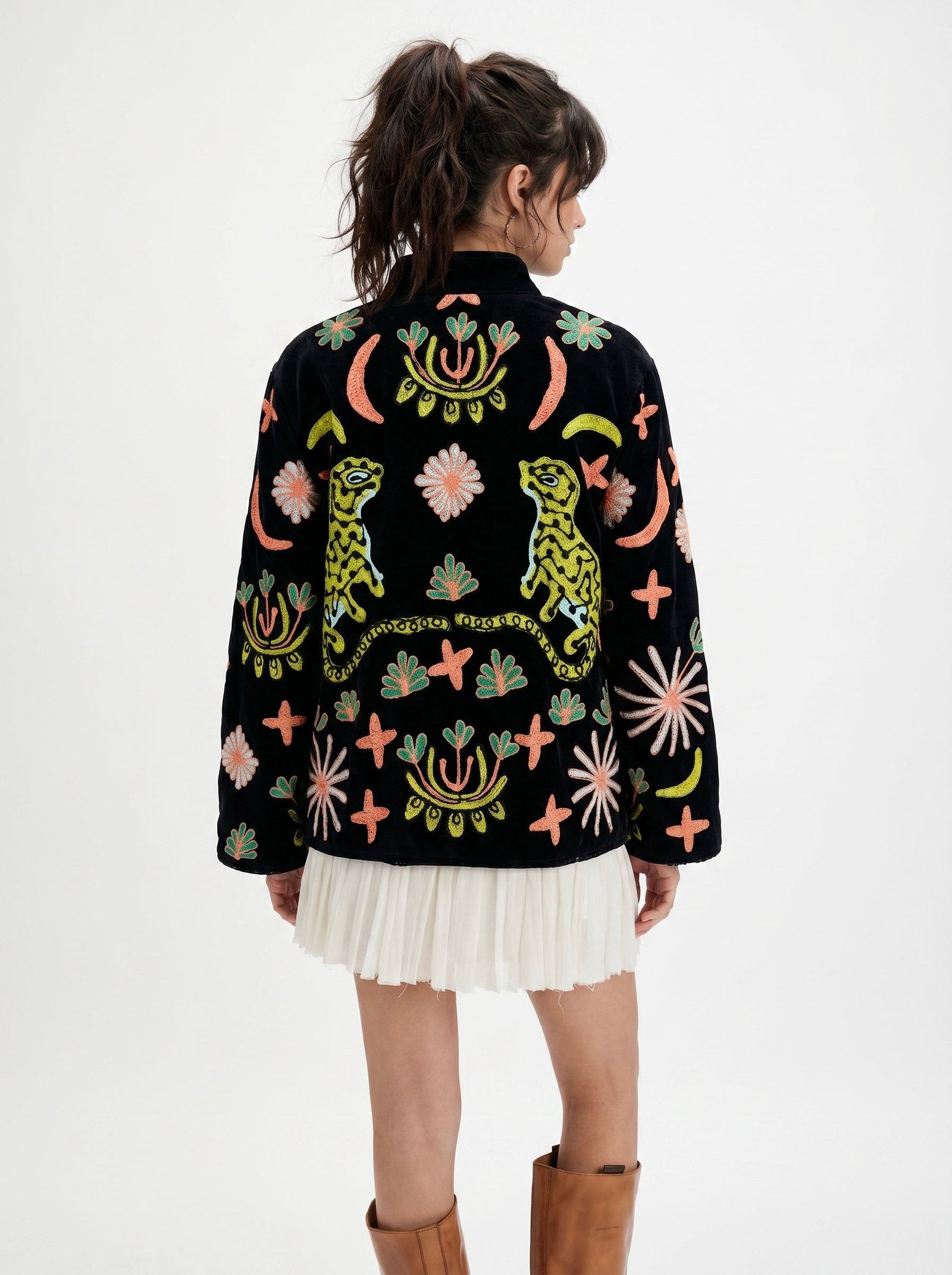 Black Cheetah Velvet Embroidery Jacket