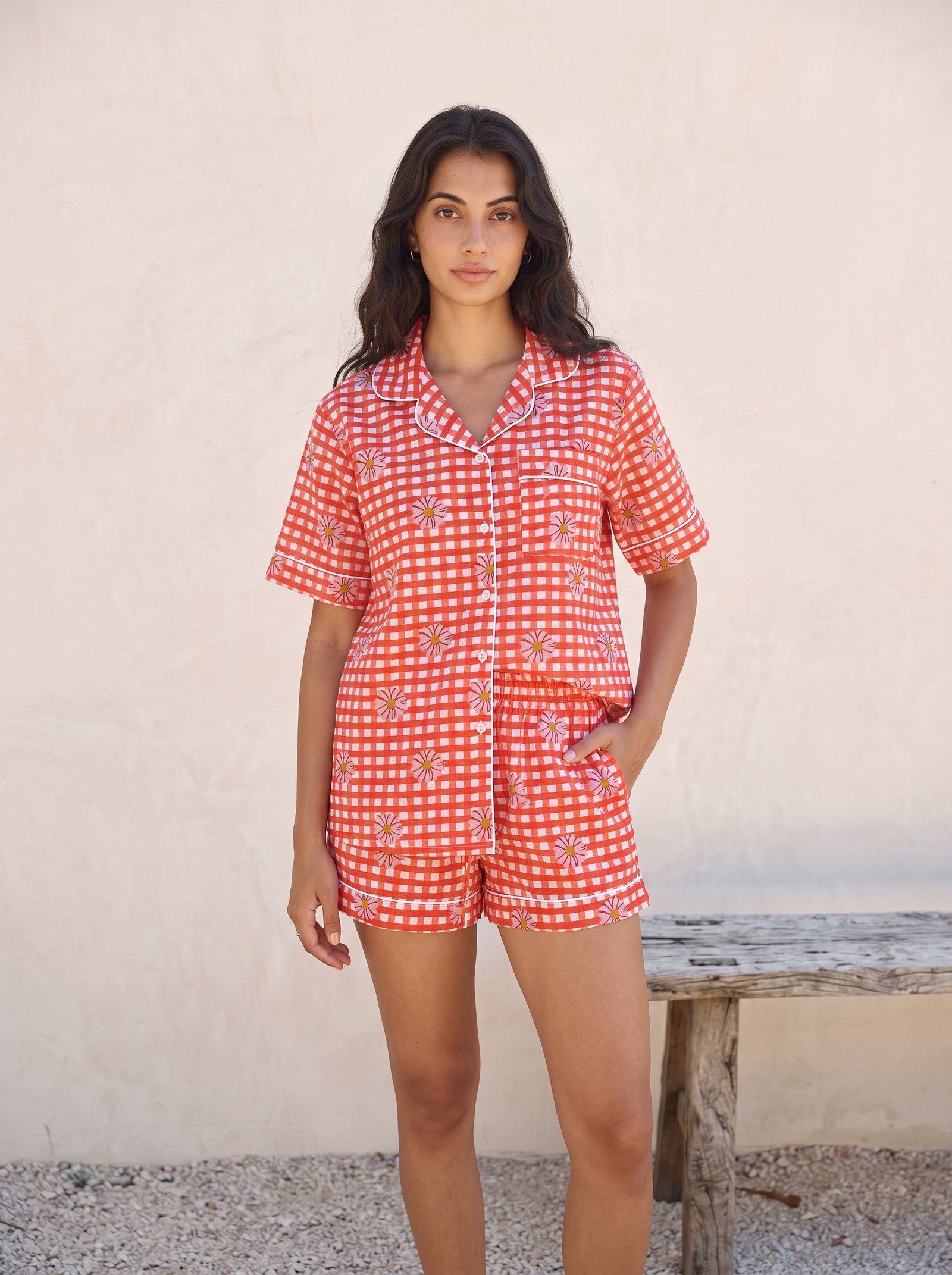 Coral Gingham Daisy Pajama Set