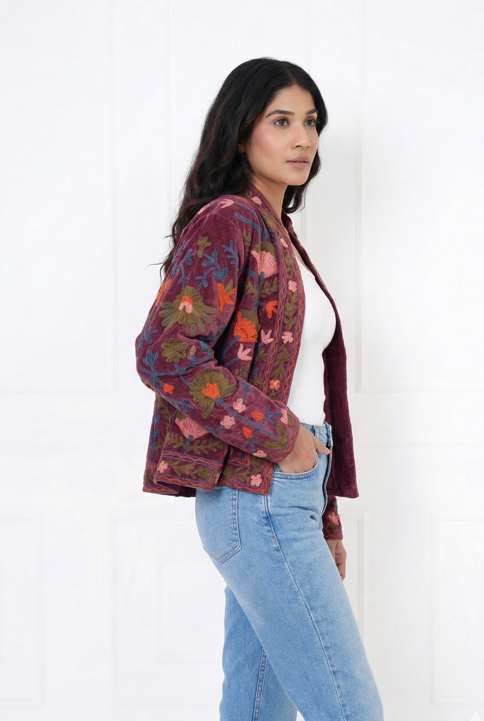 Burgundy Bloom Embroidered Velvet Jacket