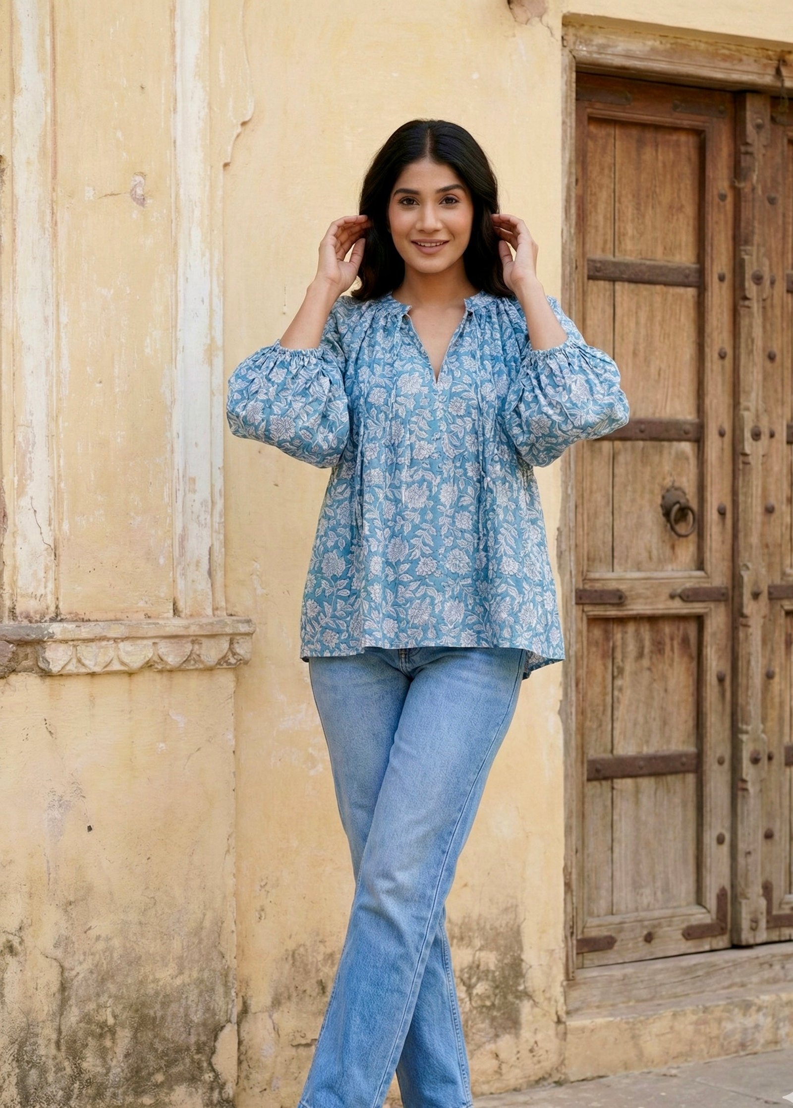 Blue Floral Printed Cotton V-Neck Top with Balloon Sleeves