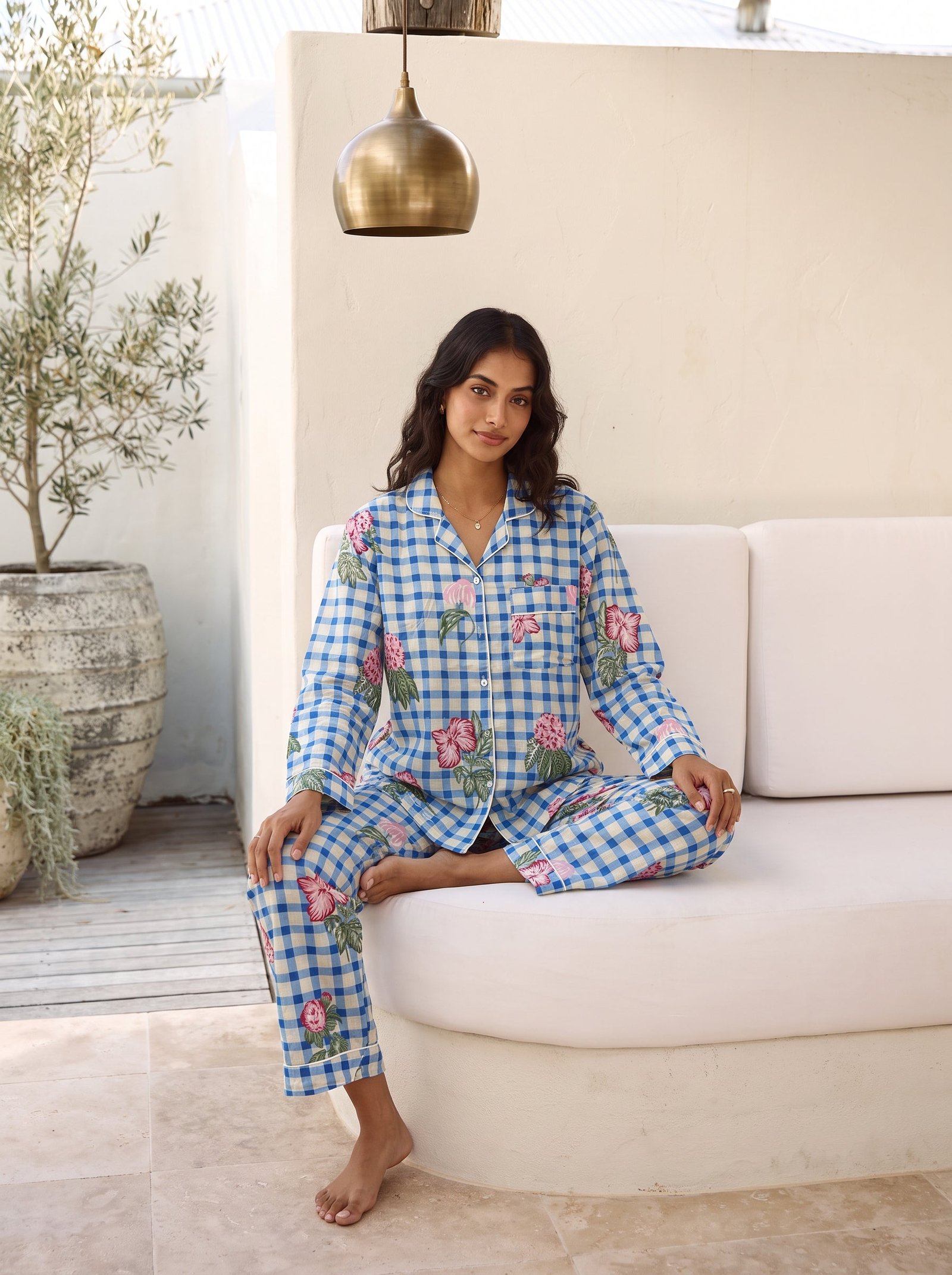 Blue Floral Gingham Pajama Set