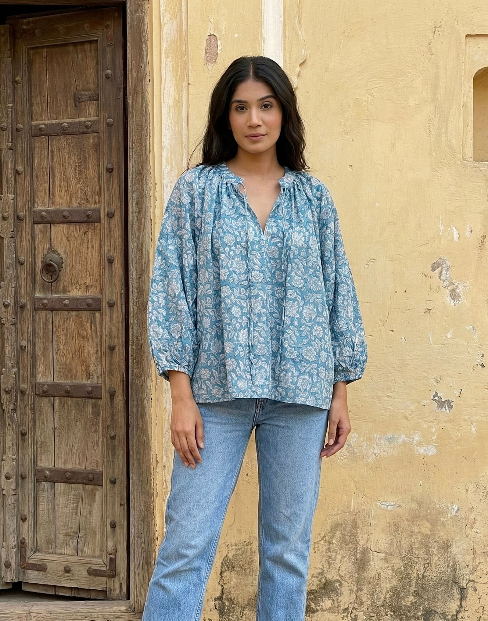 Blue Floral Printed Cotton V-Neck Top with Balloon Sleeves