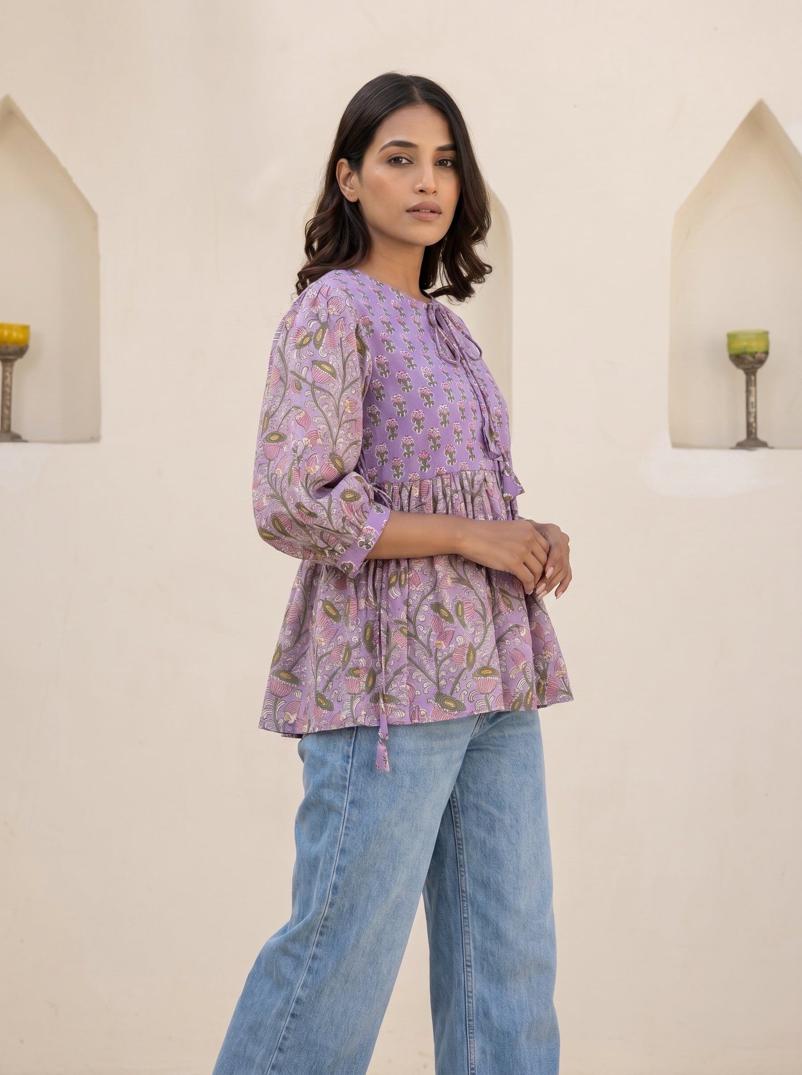 Purple Ethnic Floral Peplum Top