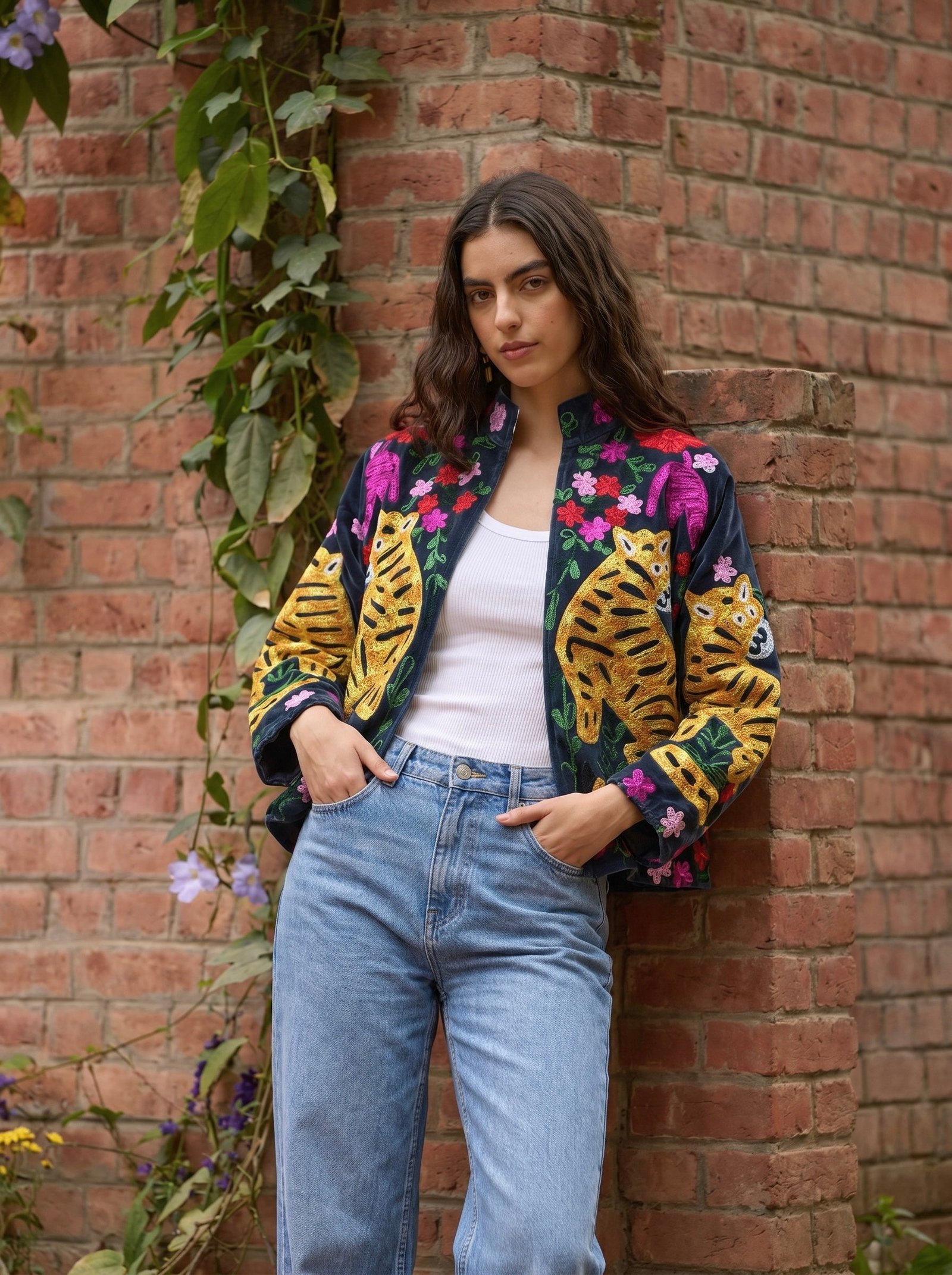 Grey Black Garden Embroidered Velvet Jacket