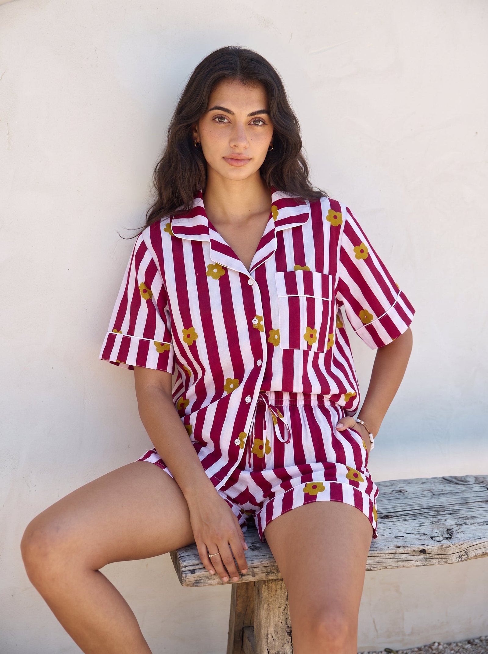 Burgundy Flower Stripe Pajama Set