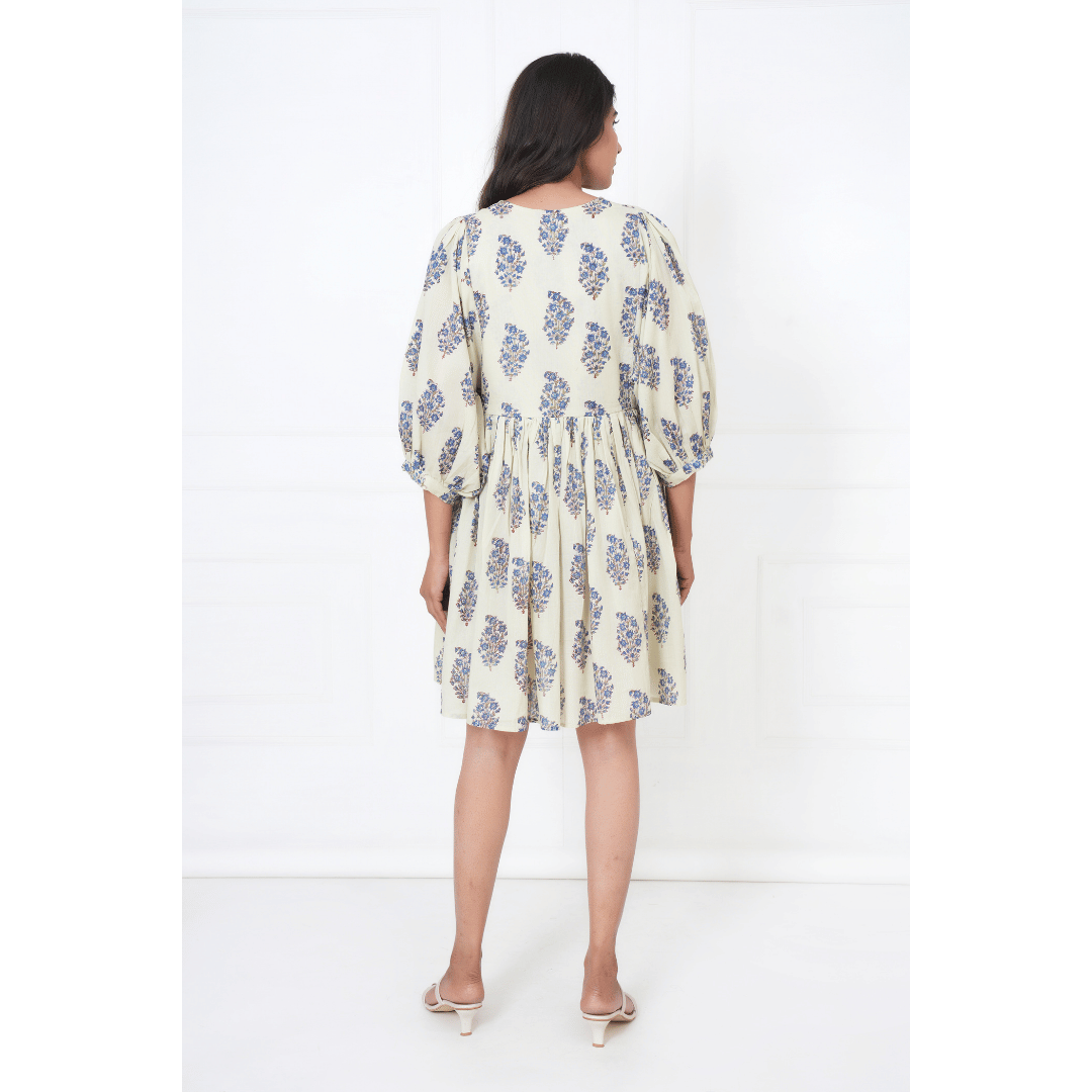 Floral And Leaf Hand-Block Print Cotton Mini Doi Dress