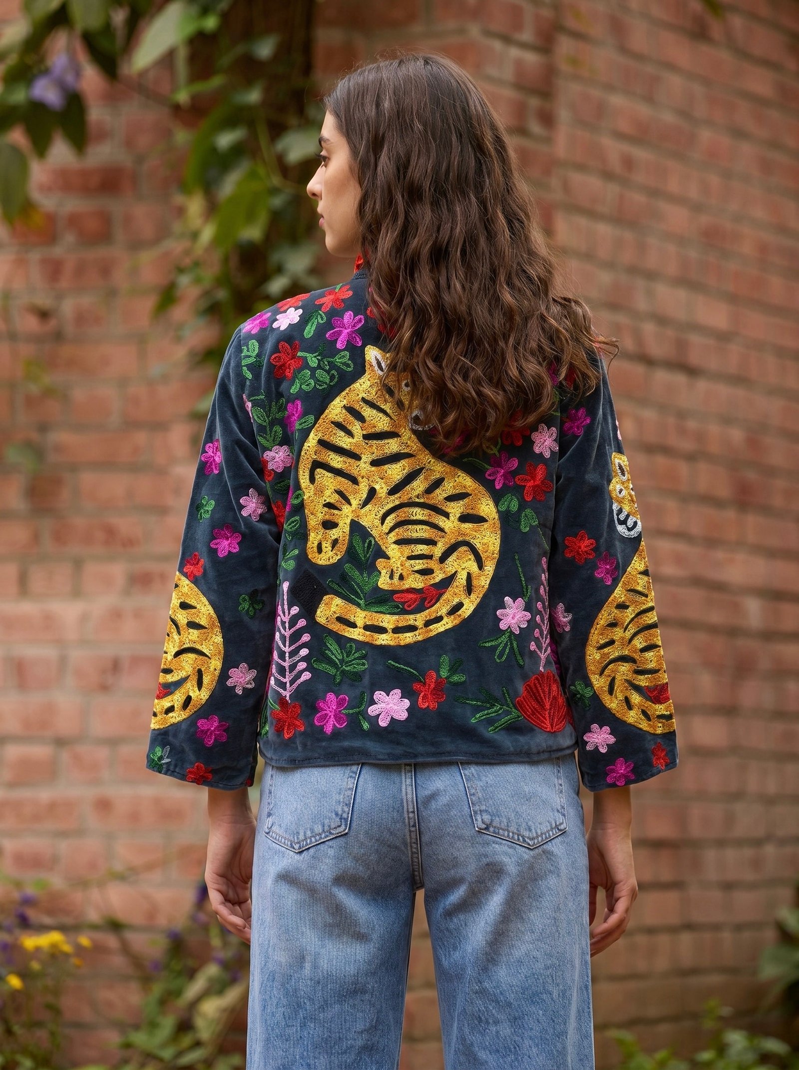 Grey Black Garden Embroidered Velvet Jacket