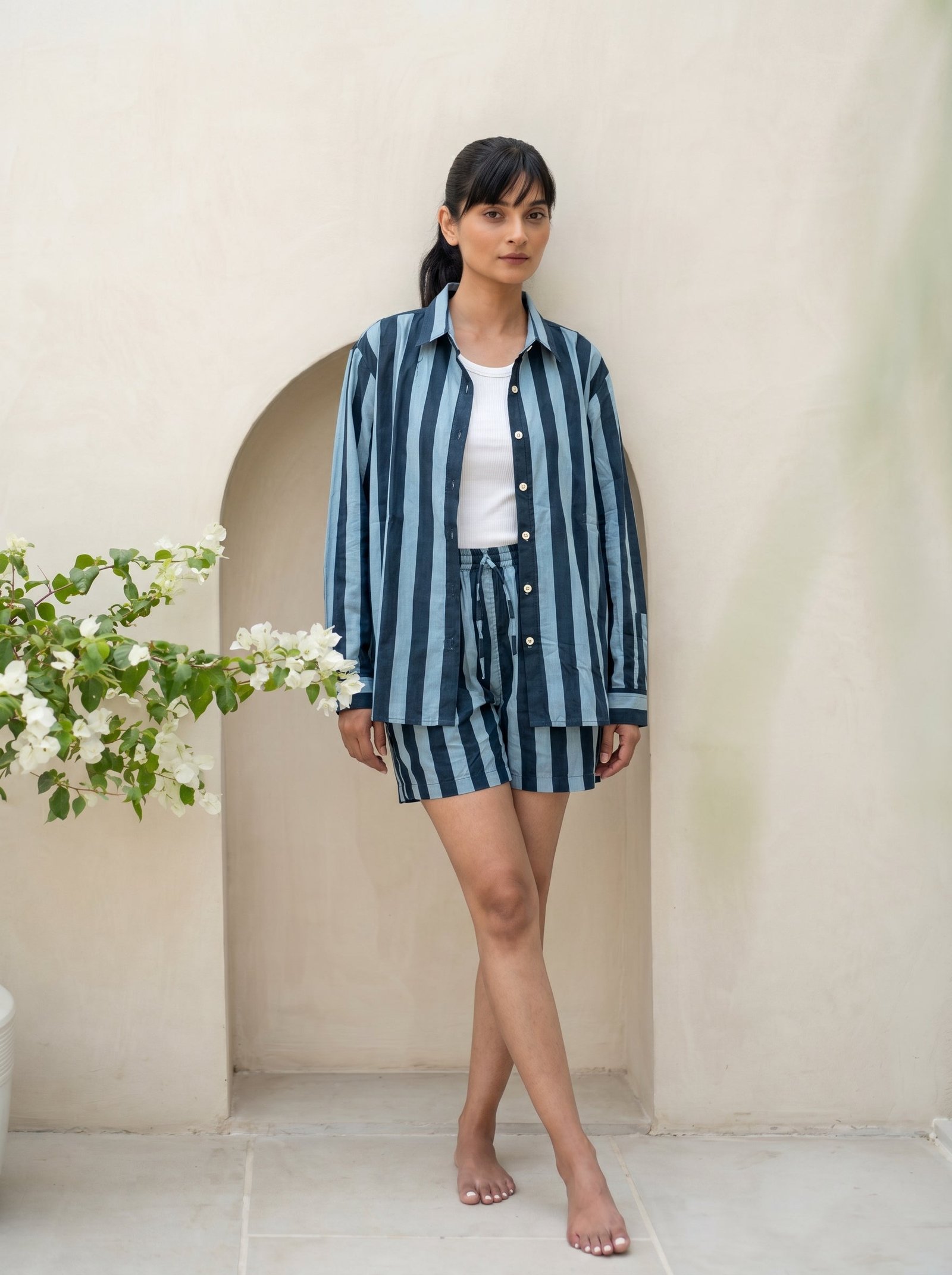 Midnight Blue Cotton Striped Co-Ord Shorts Set