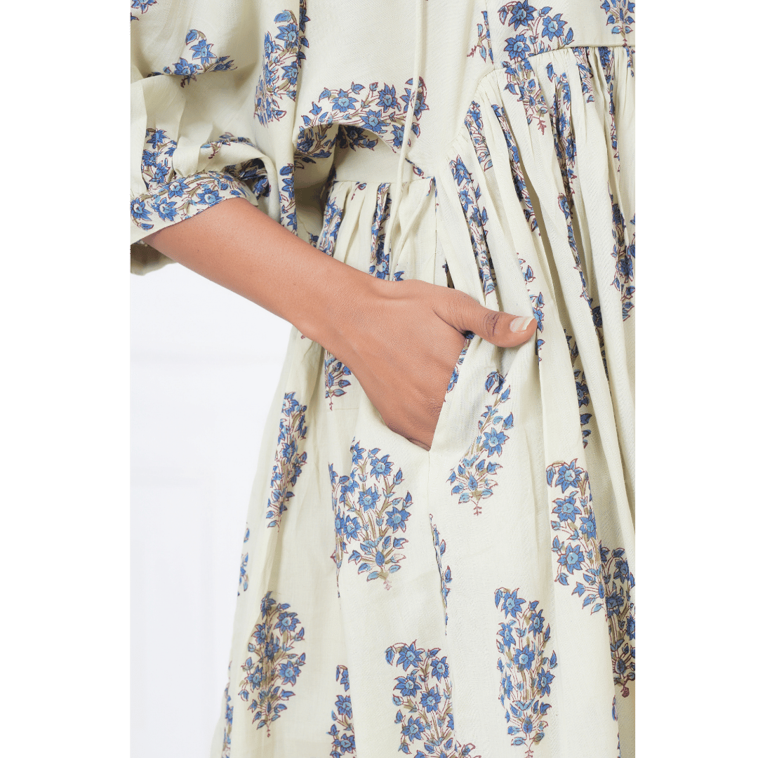 Floral And Leaf Hand-Block Print Cotton Mini Doi Dress