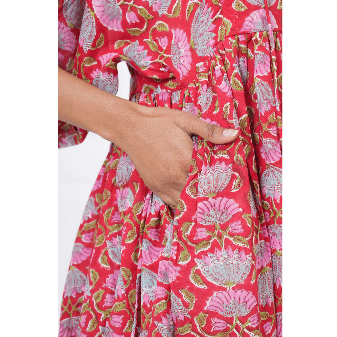 Red Floral Hand-Block Print Cotton Mini Doi Dress
