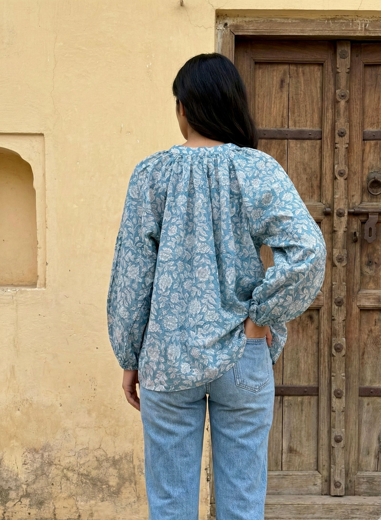 Blue Floral Printed Cotton V-Neck Top with Balloon Sleeves
