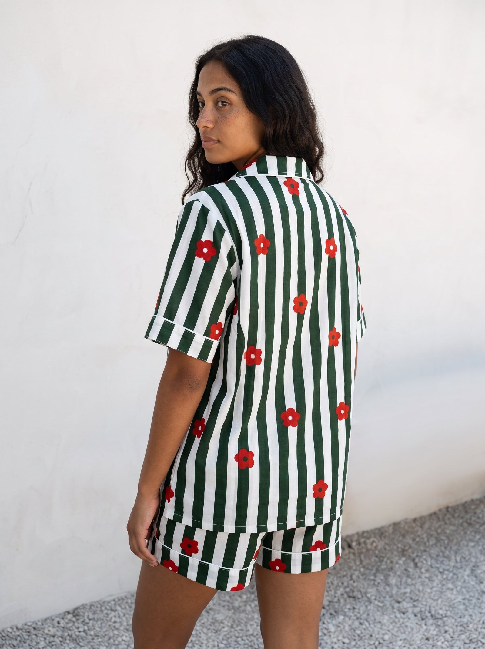 Green Flower Stripe Pajama Set