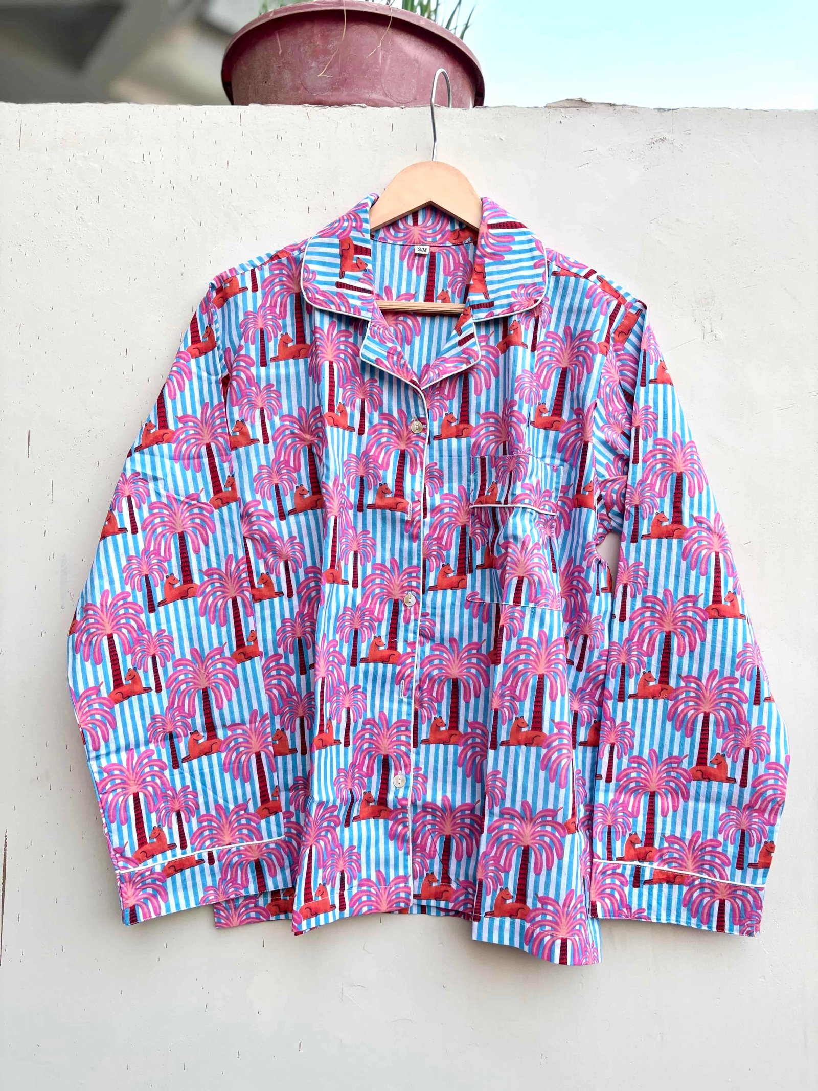 Tropical Palm Stripe Cotton Pajamas Set