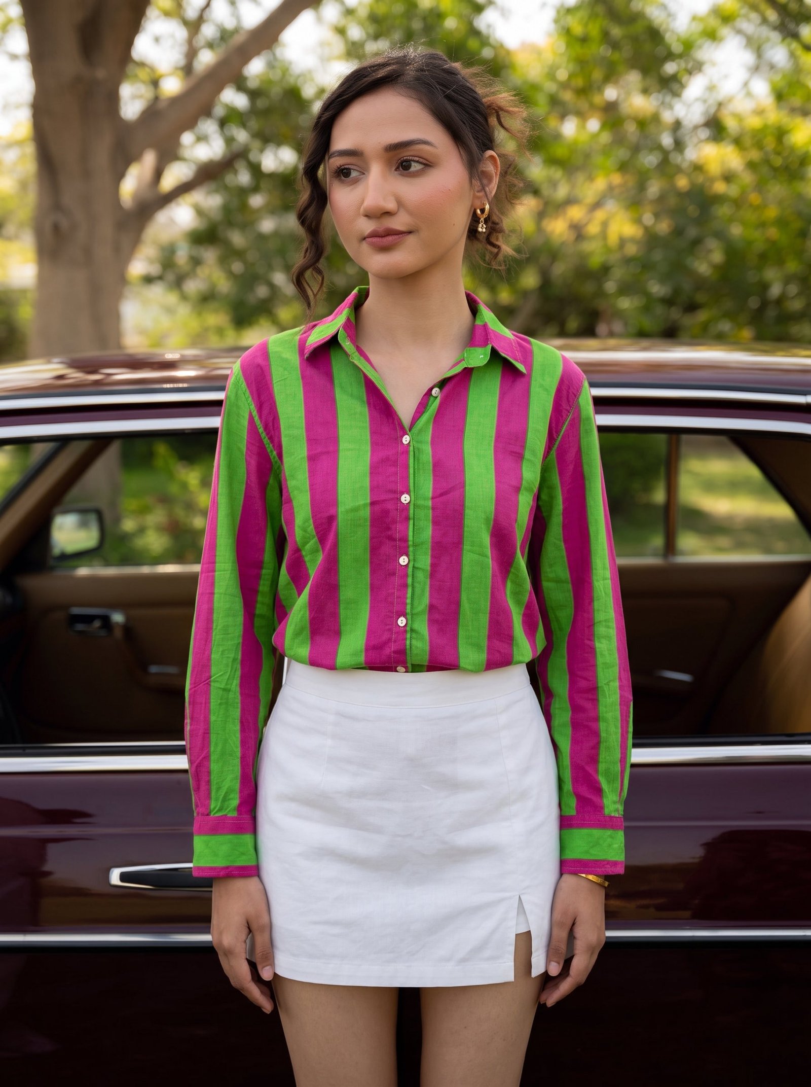 Fuchsia Lime Striped Cotton Shirt