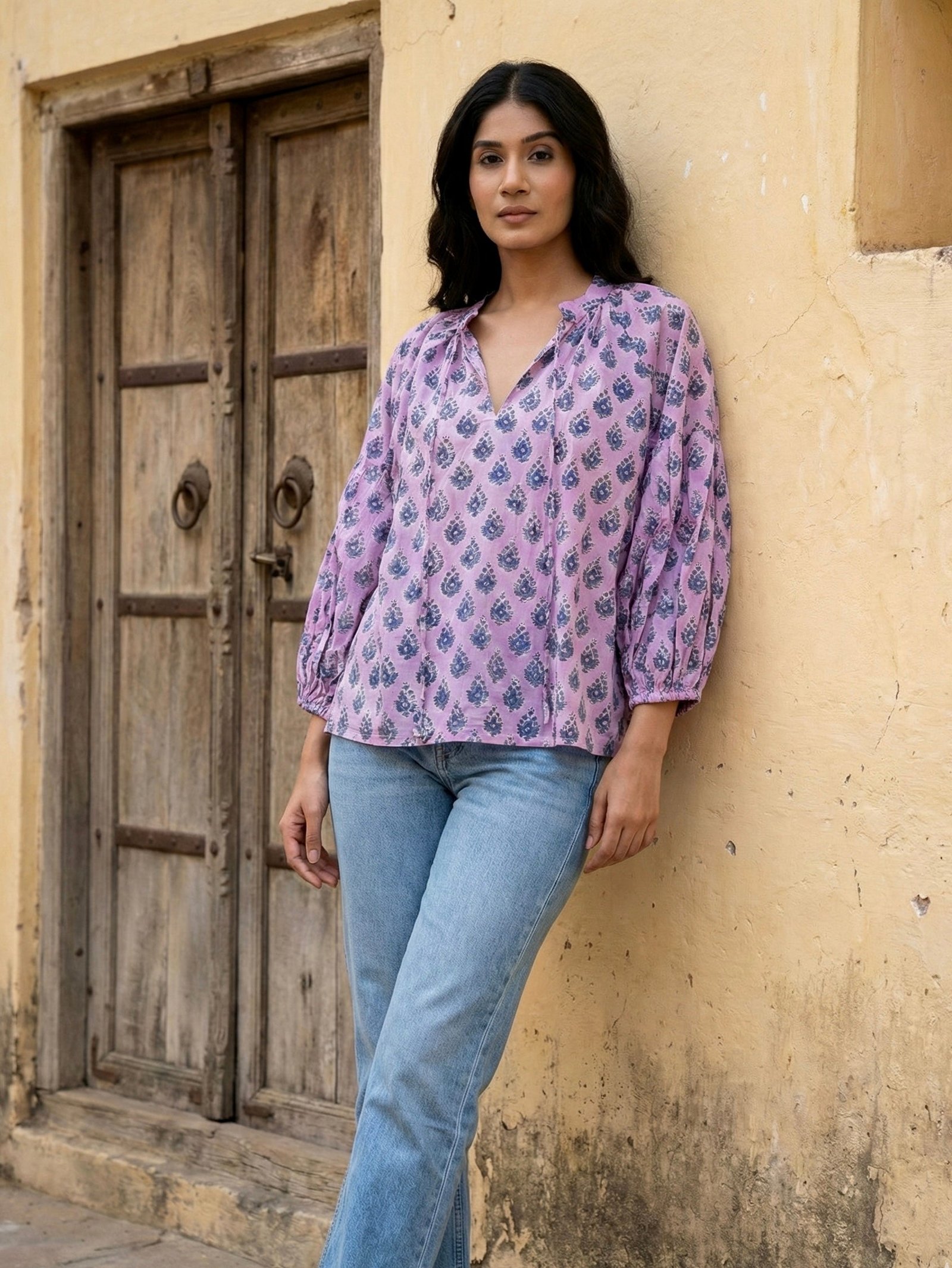 Lilac Floral Block Print Cotton Top