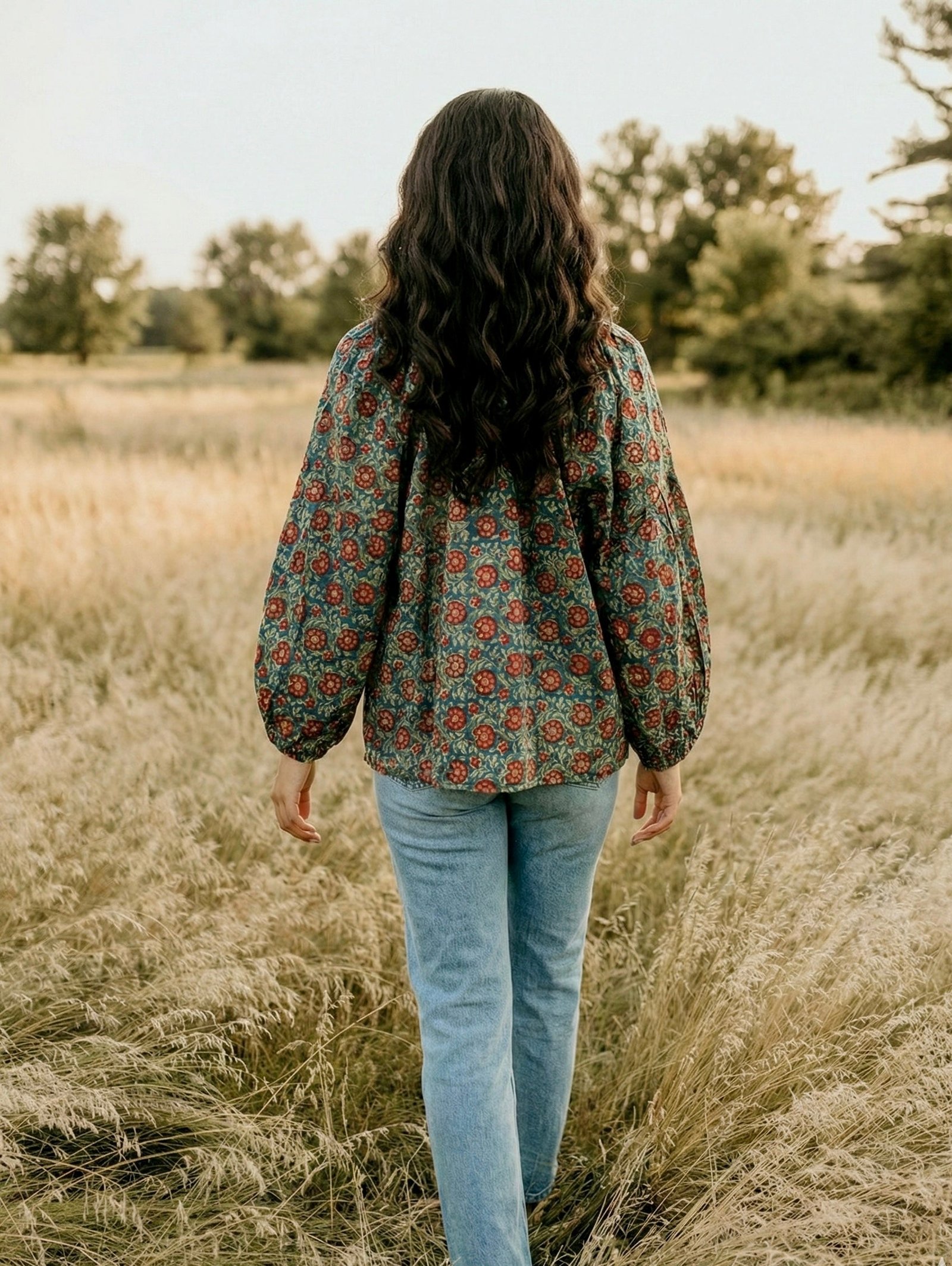 Green Floral Handblock Top