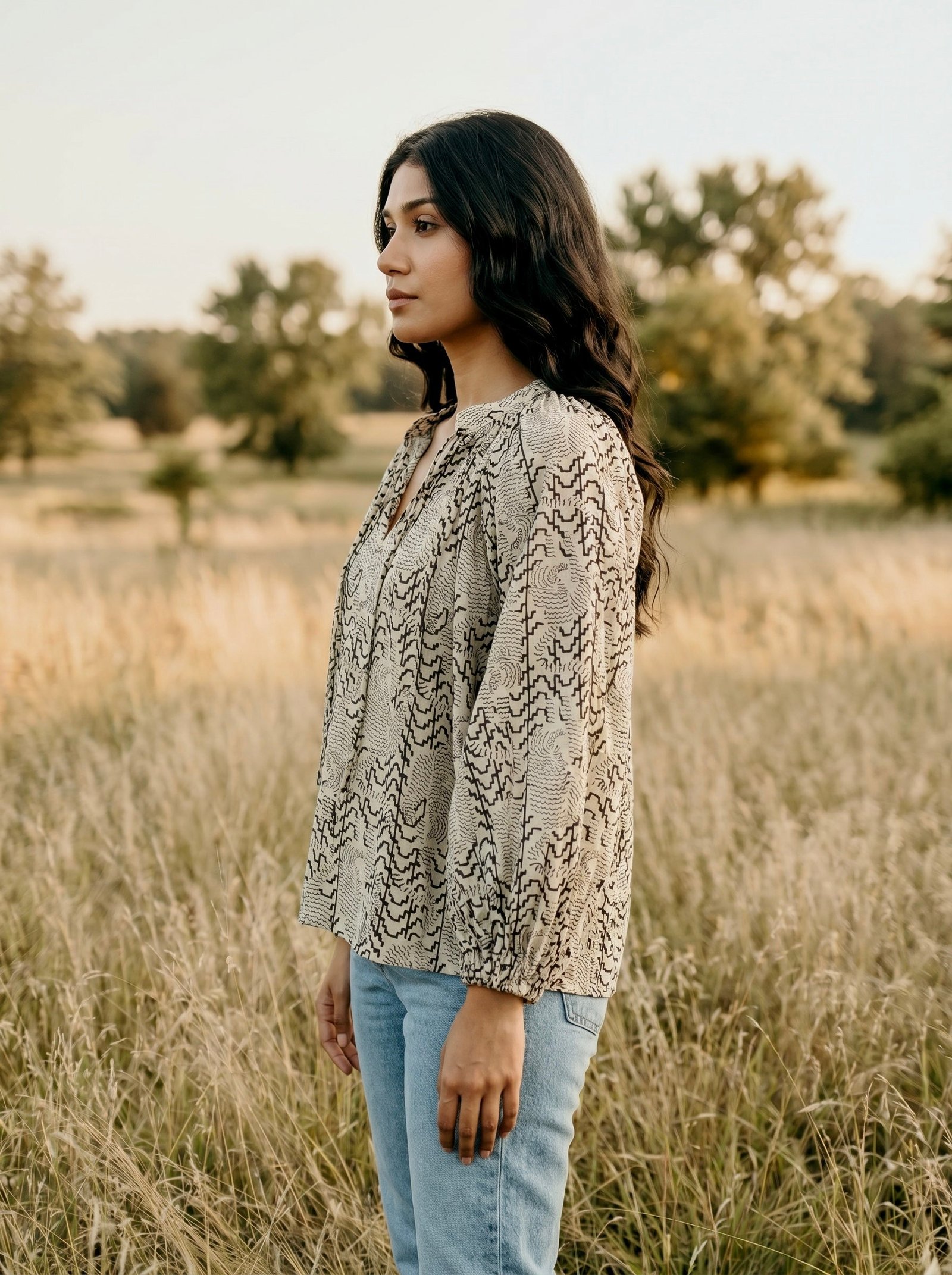 Sand Tribal Print Cotton Blouse
