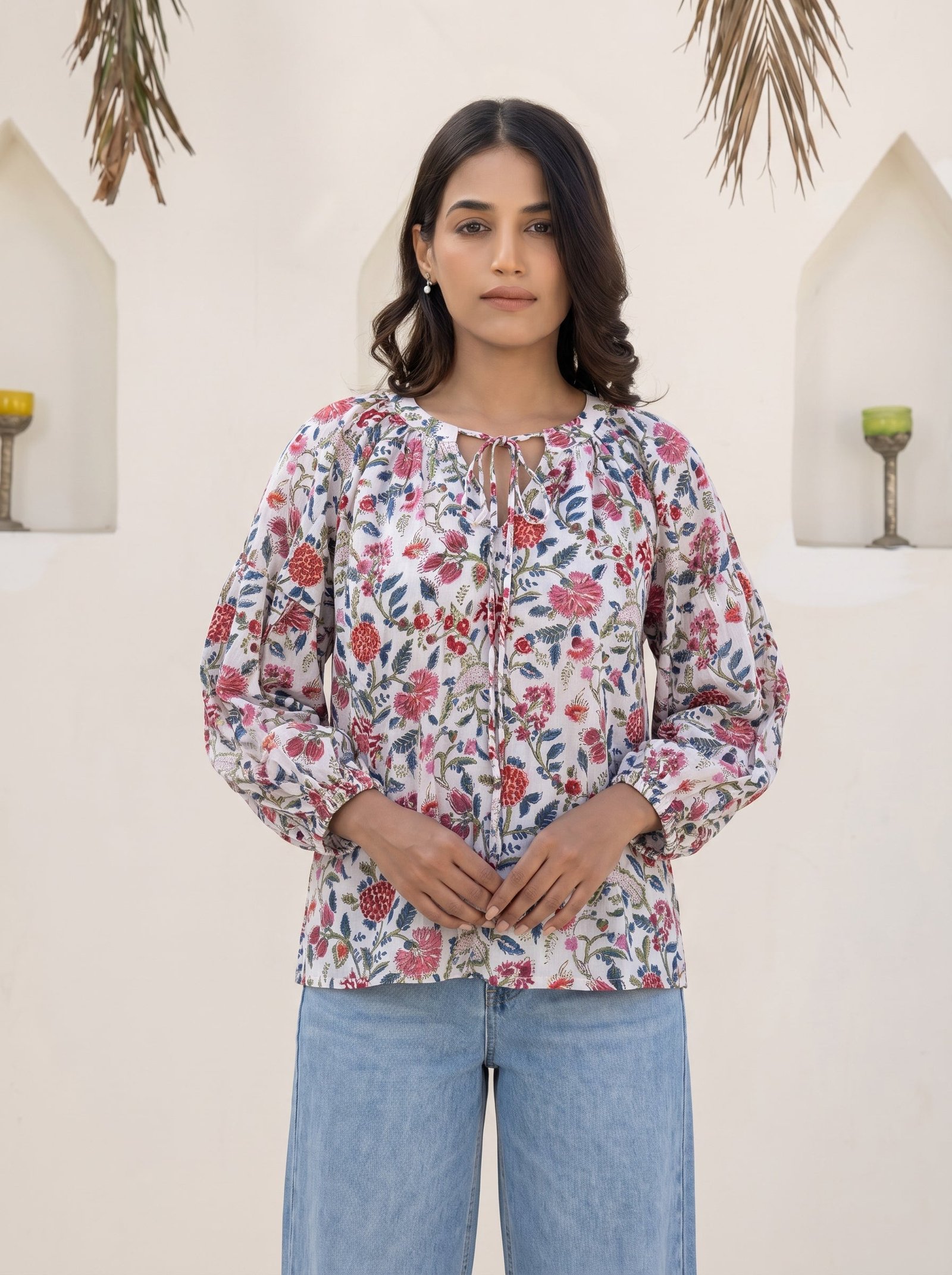Vintage Floral Balloon Sleeve Top