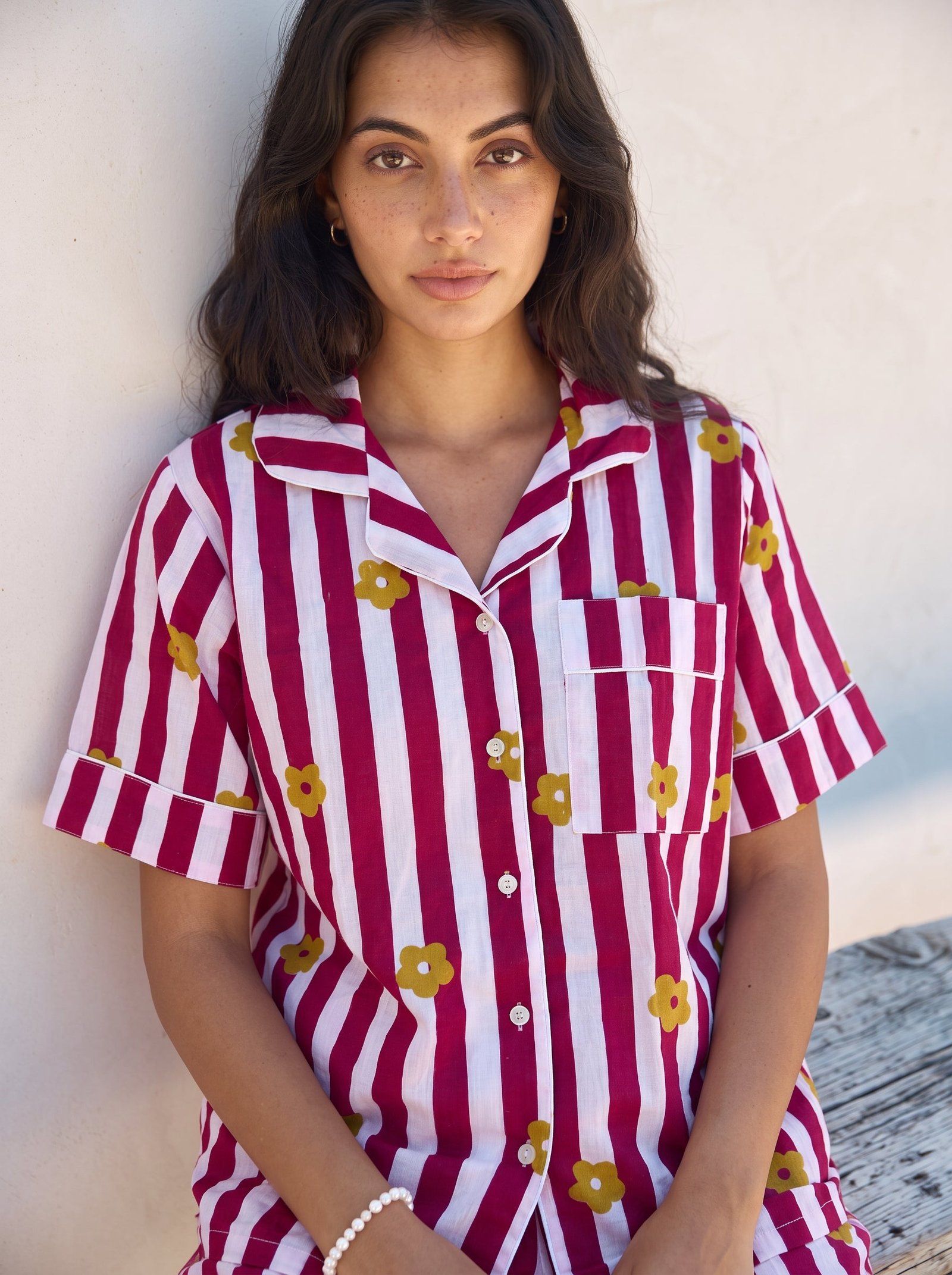 Burgundy Flower Stripe Pajama Set
