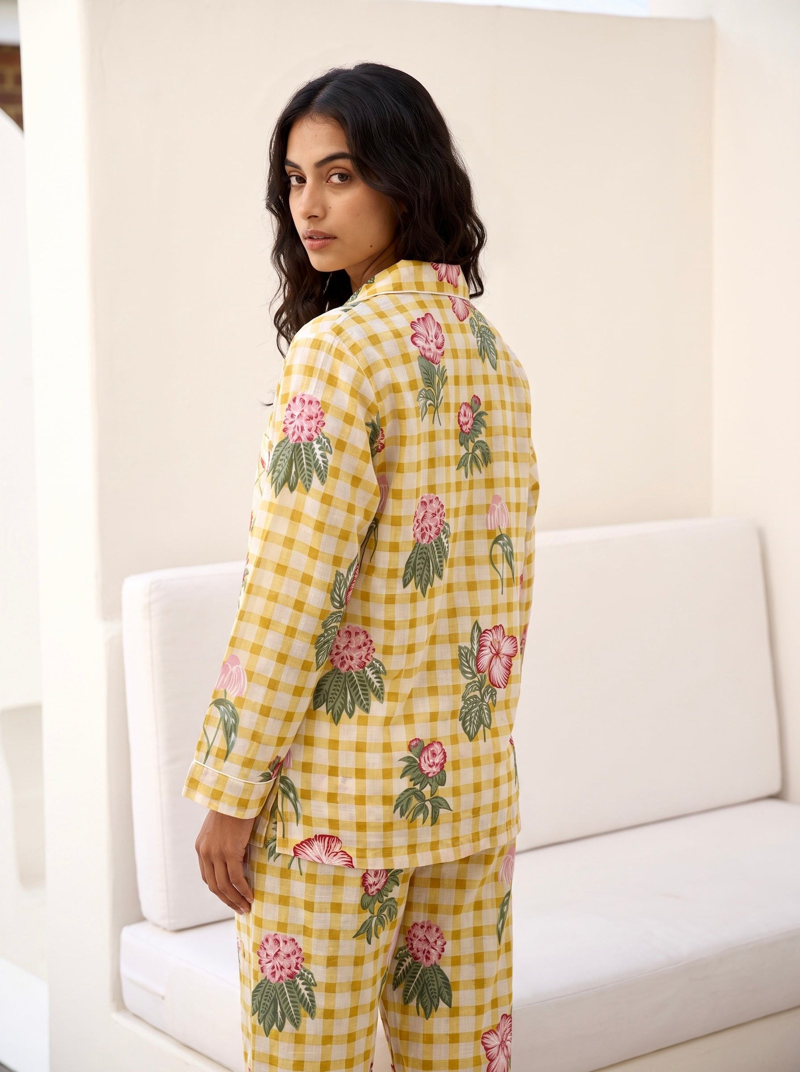 Yellow Floral Gingham Pajama Set