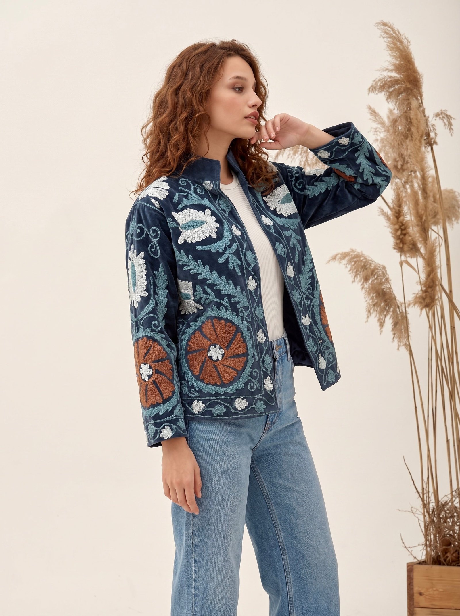 Navy Blue Embroidered Velvet Jacket