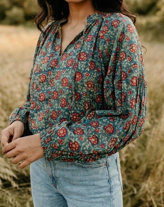 Green Floral Handblock Top