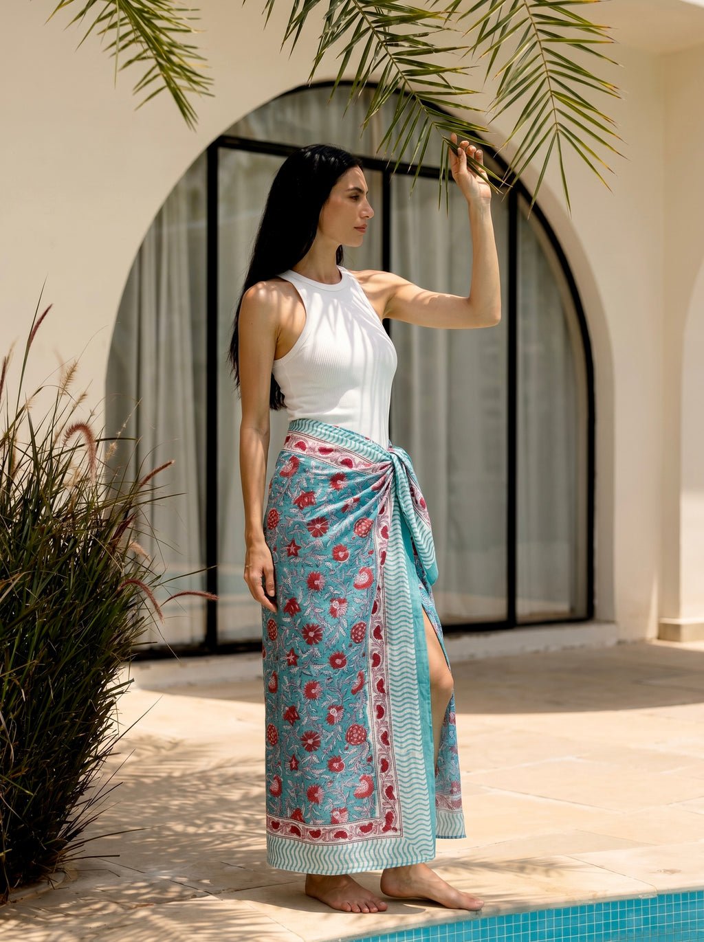 Aqua Bloom Block Print Cotton Sarong
