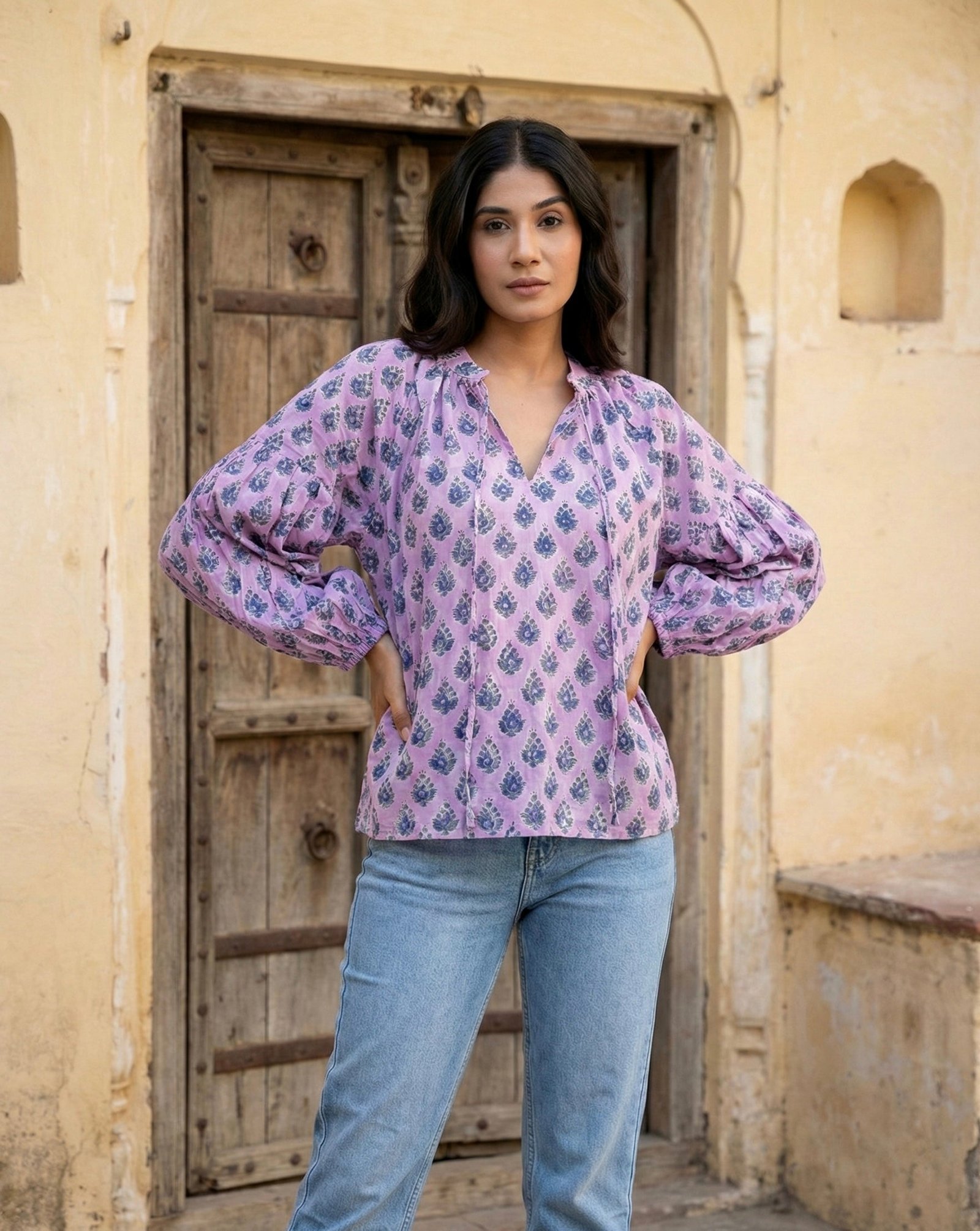 Lilac Floral Block Print Cotton Top