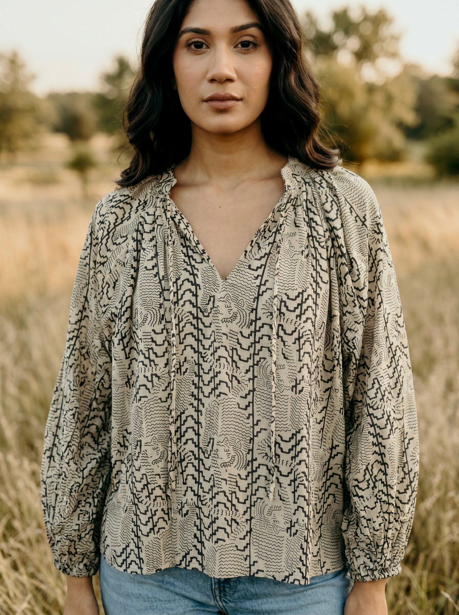 Sand Tribal Print Cotton Blouse
