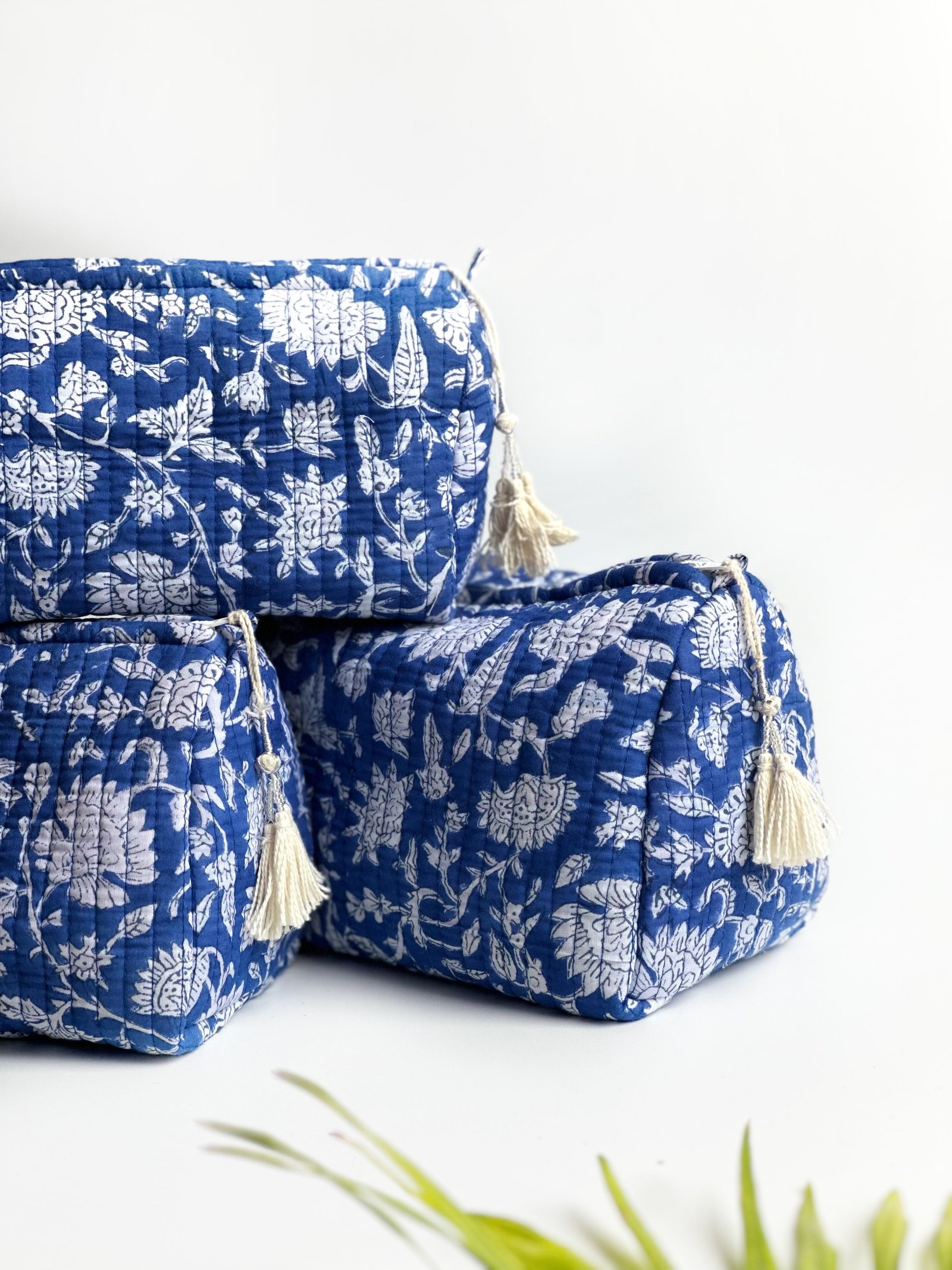 Indigo Bloom Quilted Cosmetic Bag Set of 3