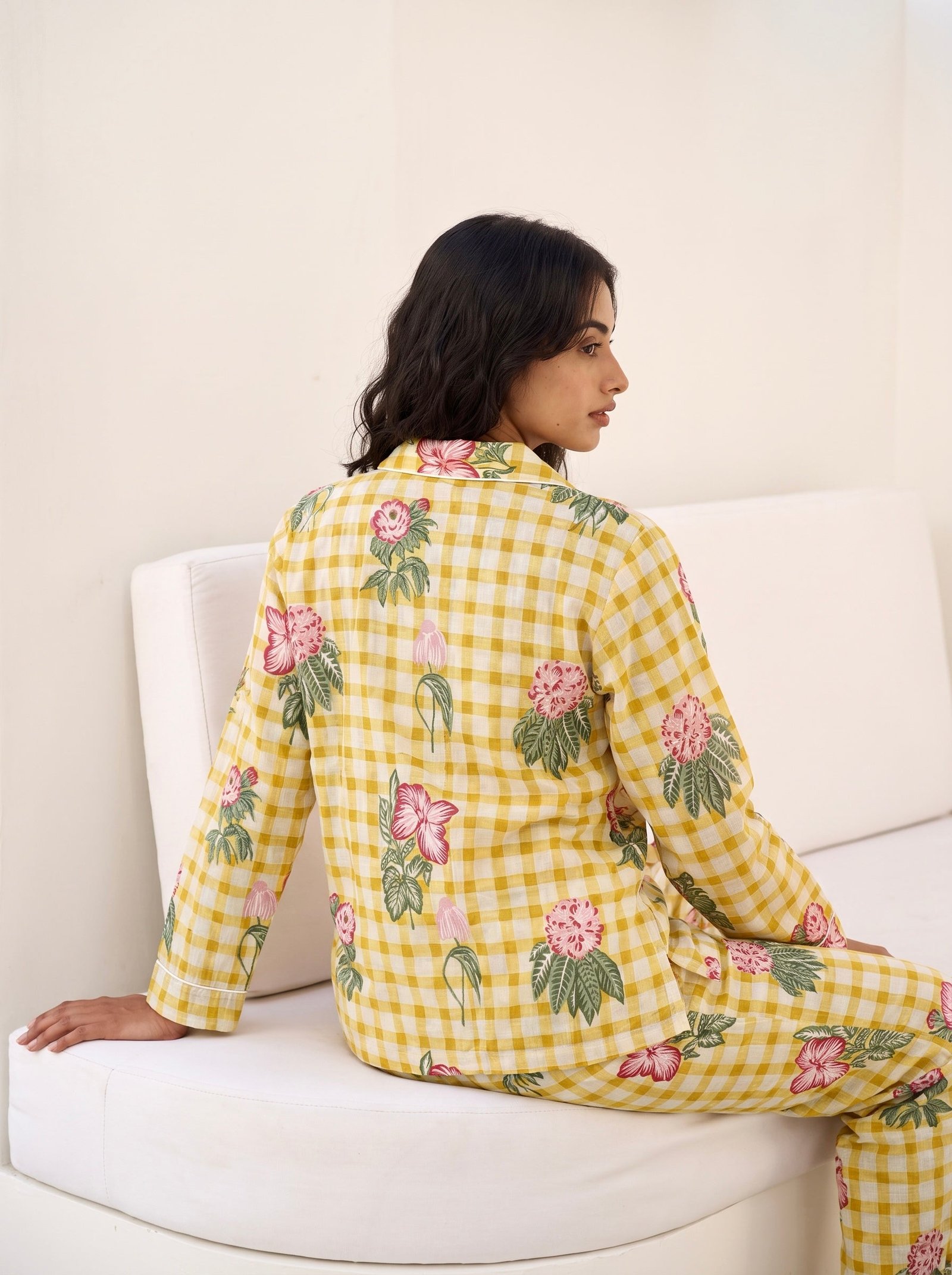 Yellow Floral Gingham Pajama Set