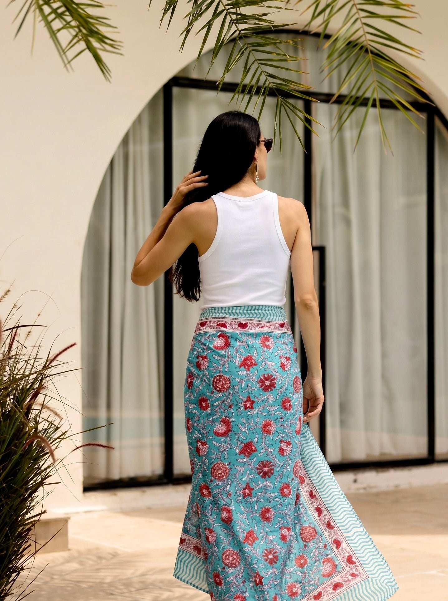 Aqua Bloom Block Print Cotton Sarong