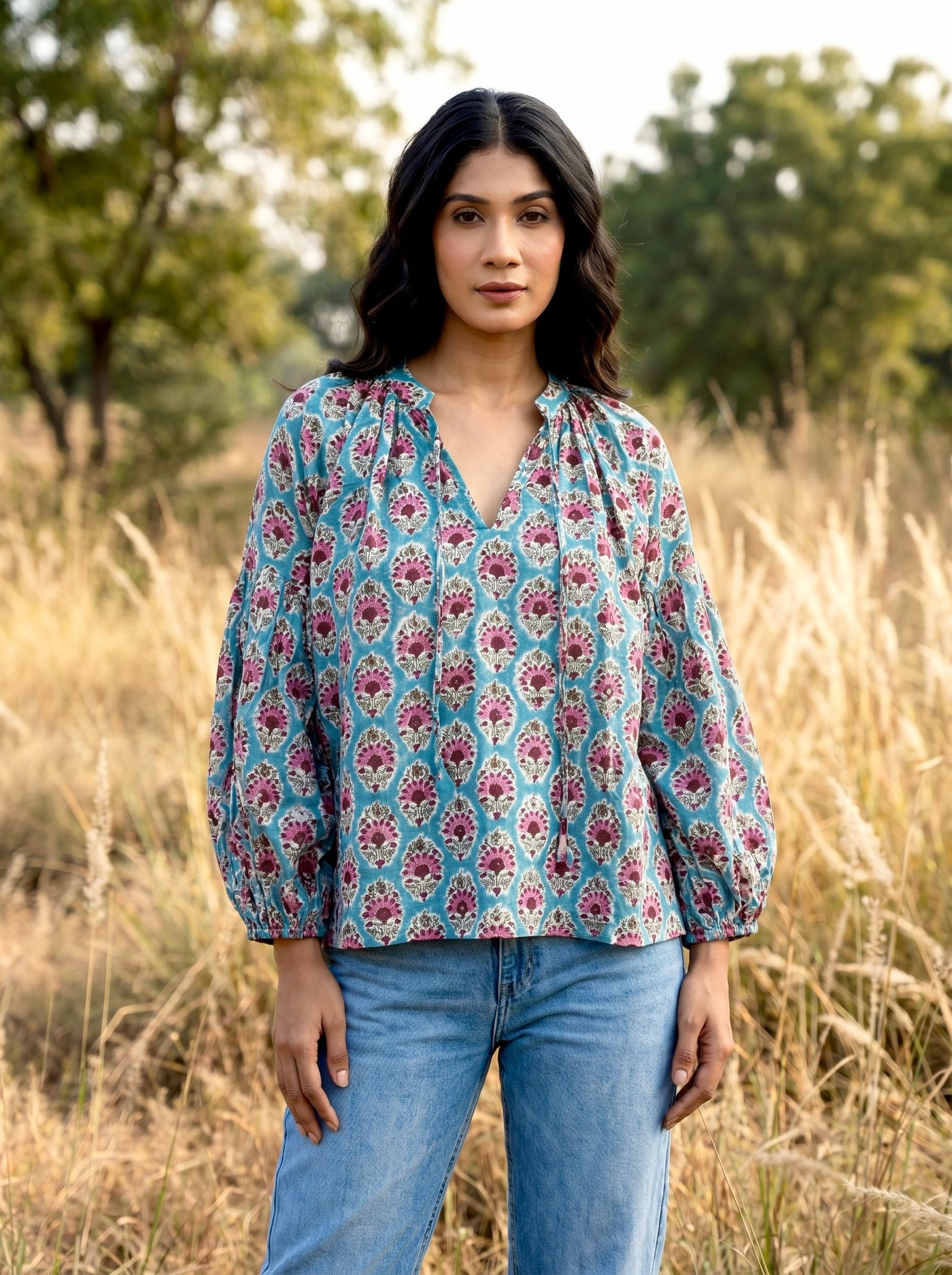Aqua Floral Buti Print Blouse