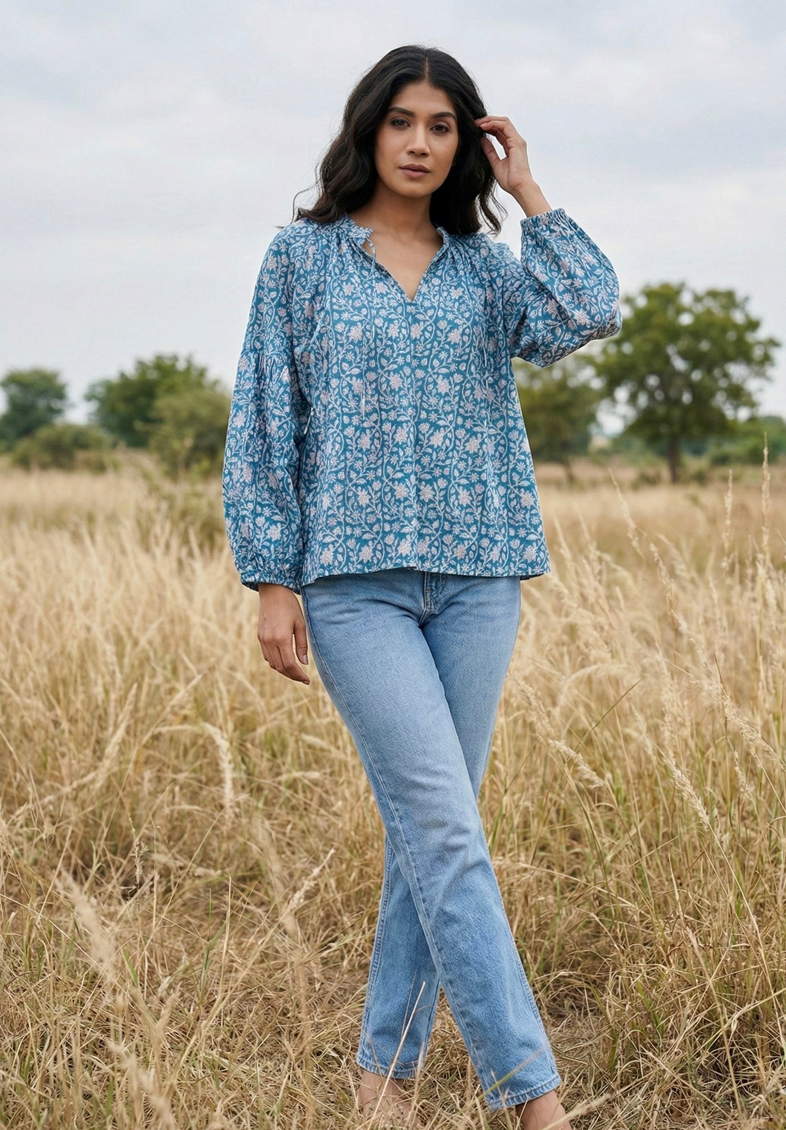Indigo Breeze Floral Cotton Top