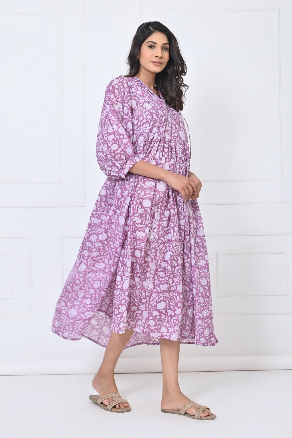 Lavender Printed Flared Cotton Maxi Doi Dress