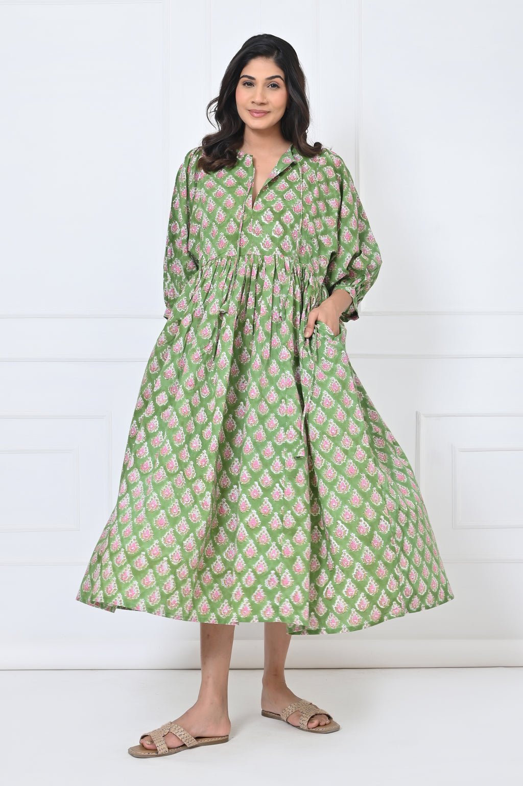 Green Print Cotton Maxi Doi Dress