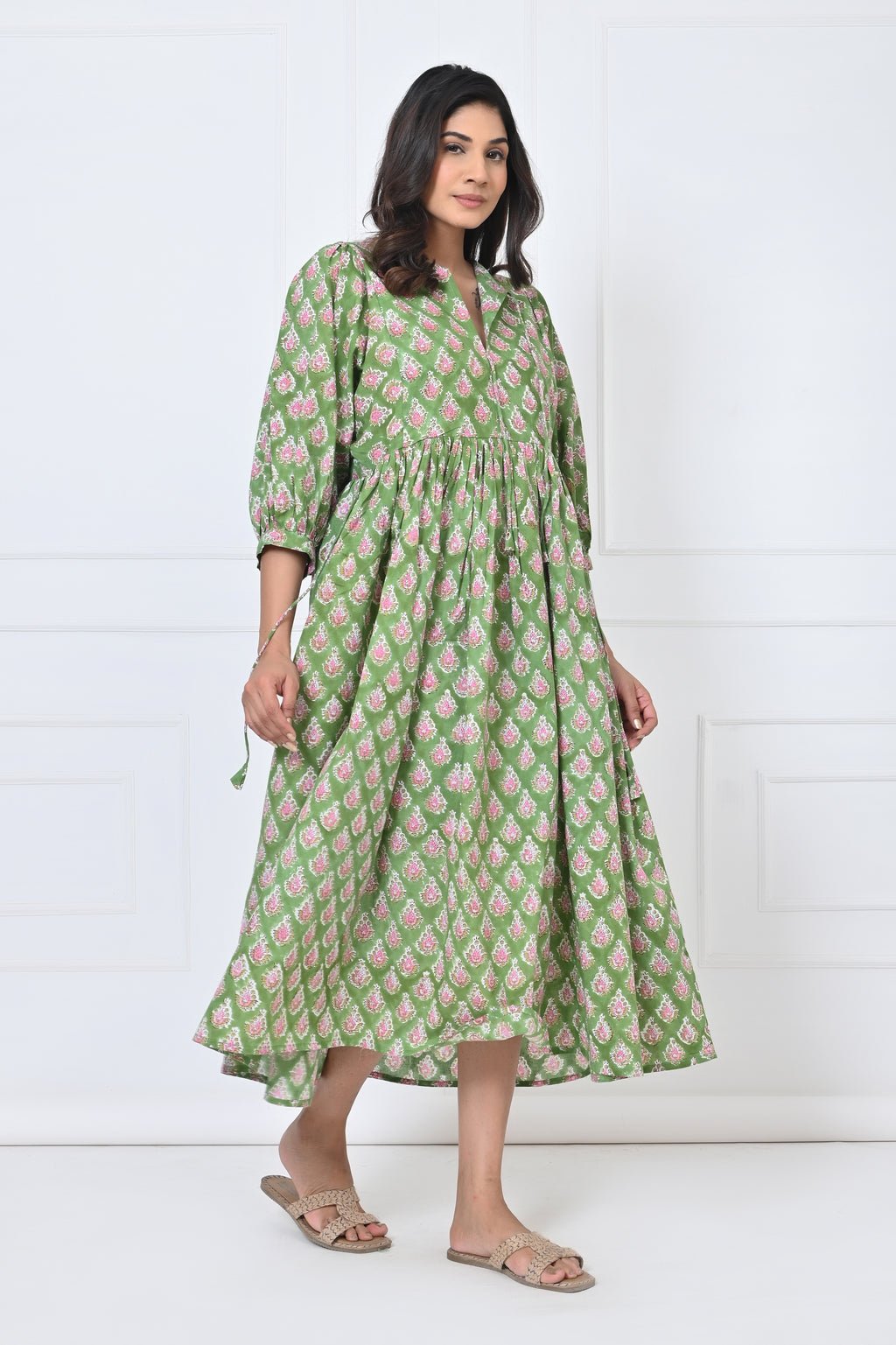 Green Print Cotton Maxi Doi Dress