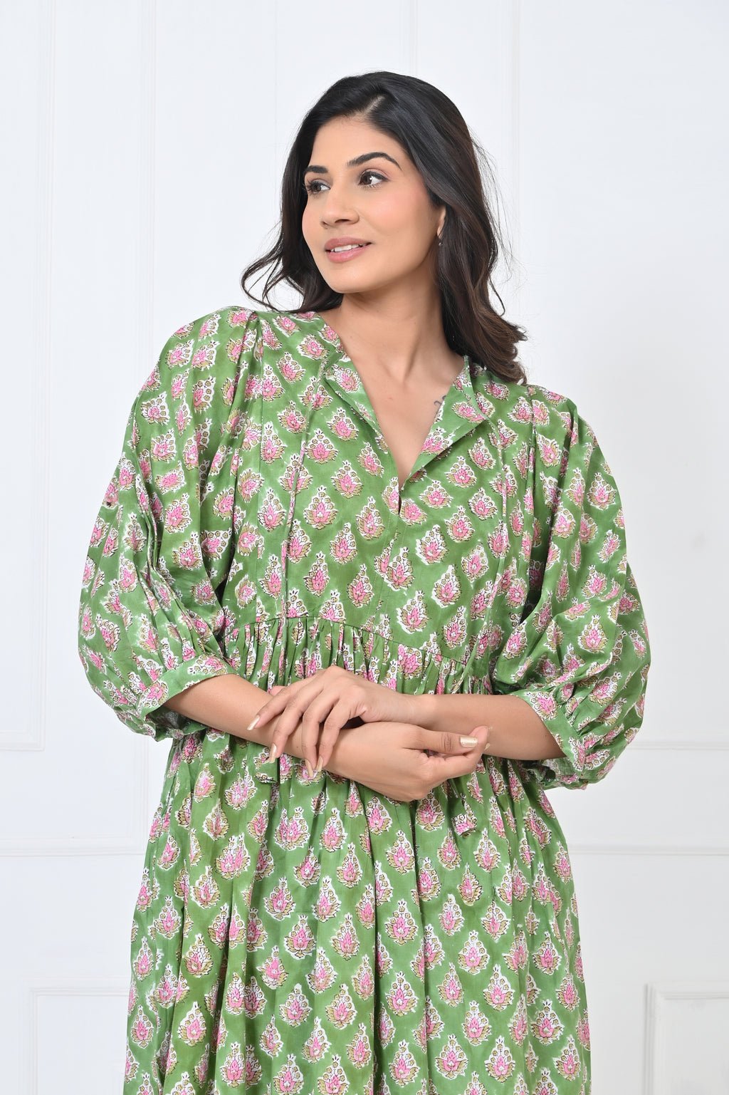 Green Print Cotton Maxi Doi Dress