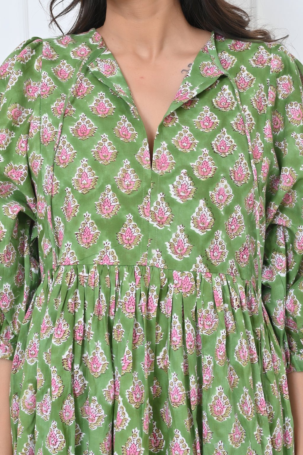 Green Print Cotton Maxi Doi Dress