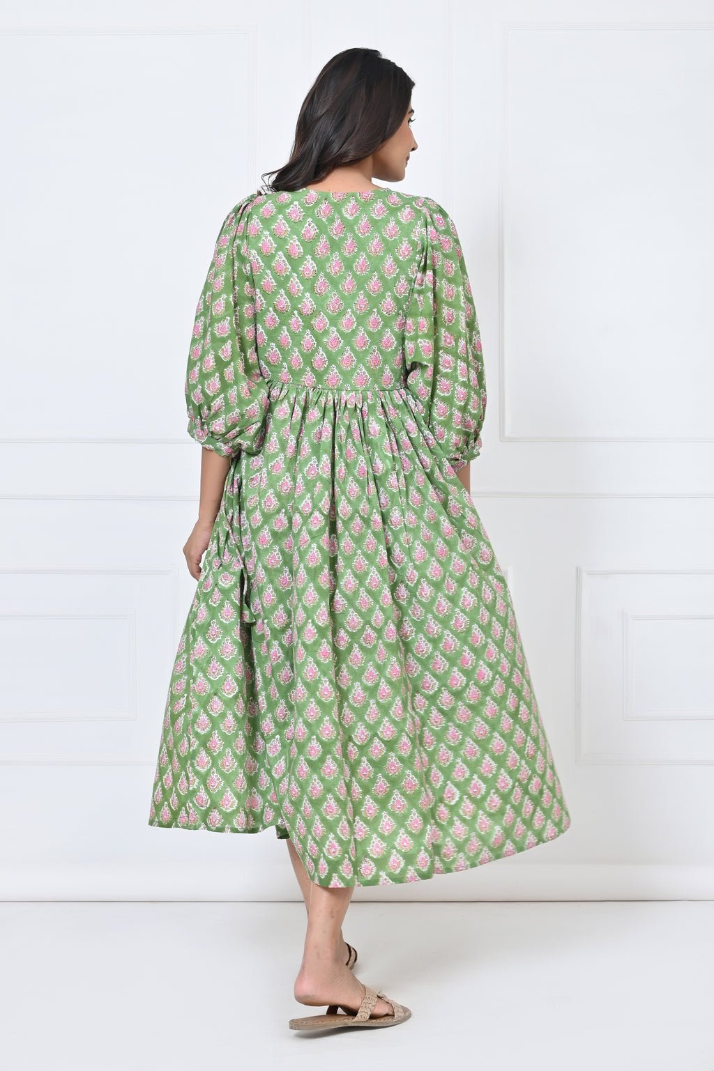 Green Print Cotton Maxi Doi Dress